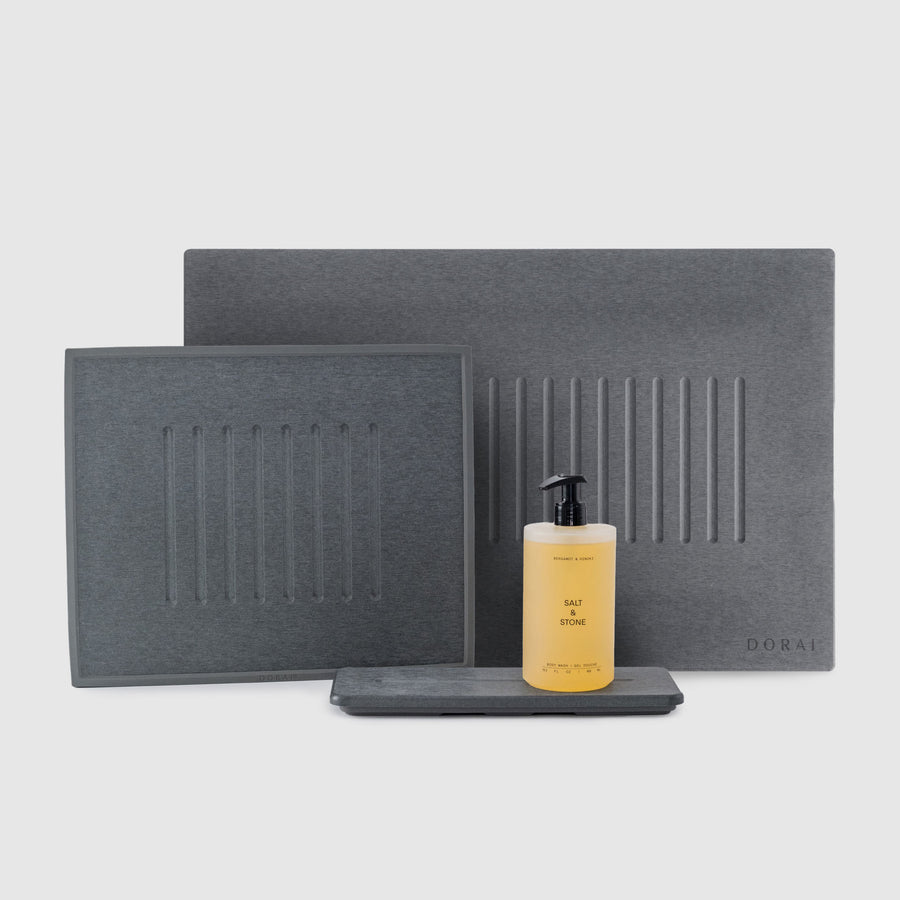 Slate Clean Home Starter Set featuring Slate Bath Stone, Slate Stone Sink Caddy, and Slate Drying Stone on white background.