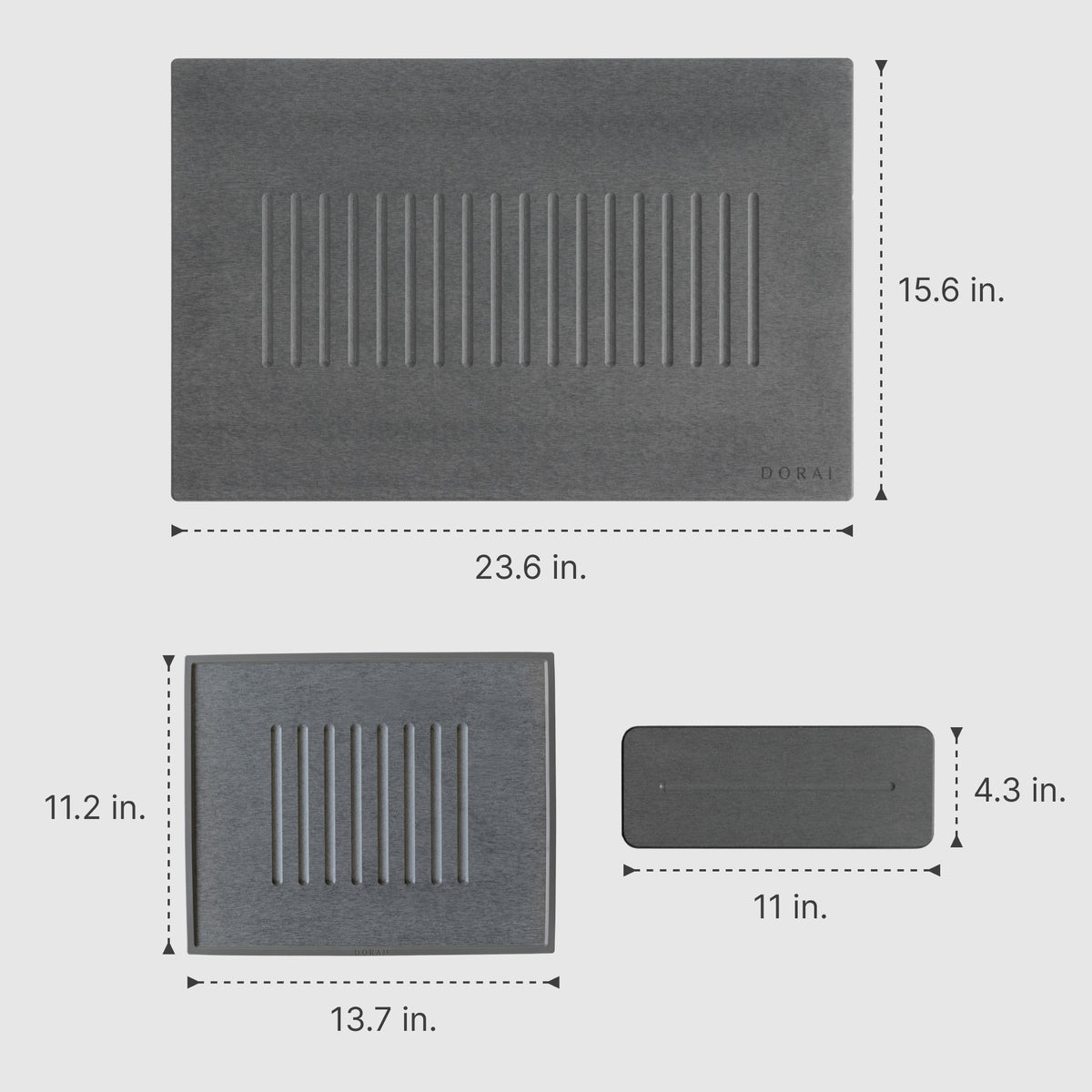 Slate Bath Stone: 15.6" x 23.6"; Slate Drying Stone: 11.2" x 13.7"; Slate Stone Sink Caddy: 11" x 4.3"