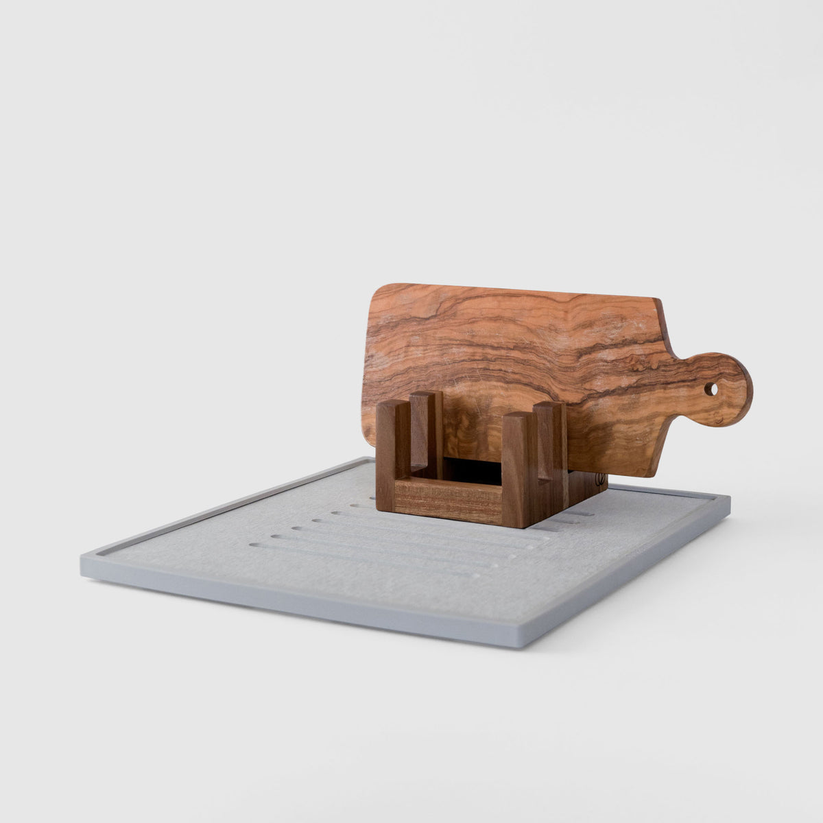 Acacia Cutting Board Holder on Ash Dish Drying Stone on white background. 