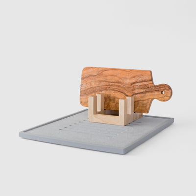 Maple Cutting Board Holder on Ash Dish Drying Stone on white background. 