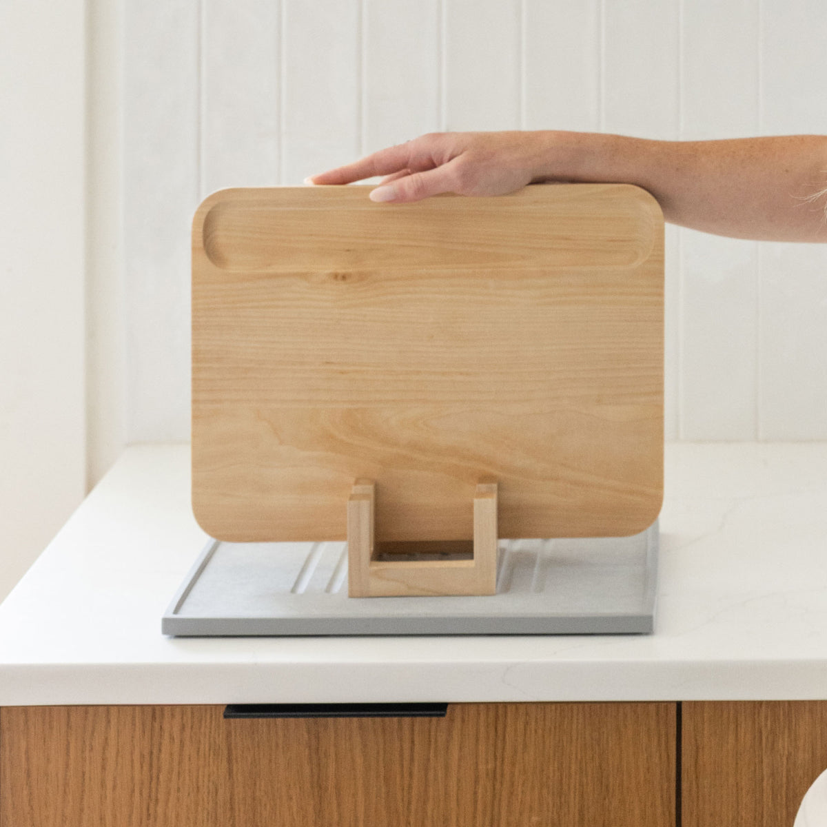 Maple Cutting Board Holder on Ash Dish Drying Stone with cutting boards.