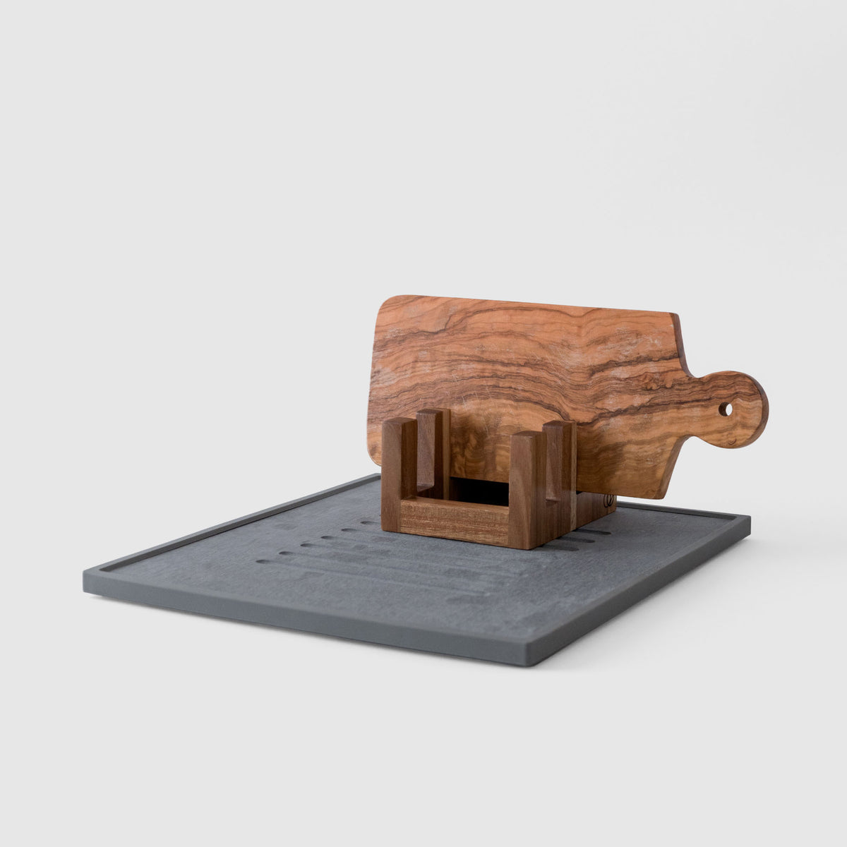 Acacia Cutting Board Holder on Slate Dish Drying Stone on white background. 