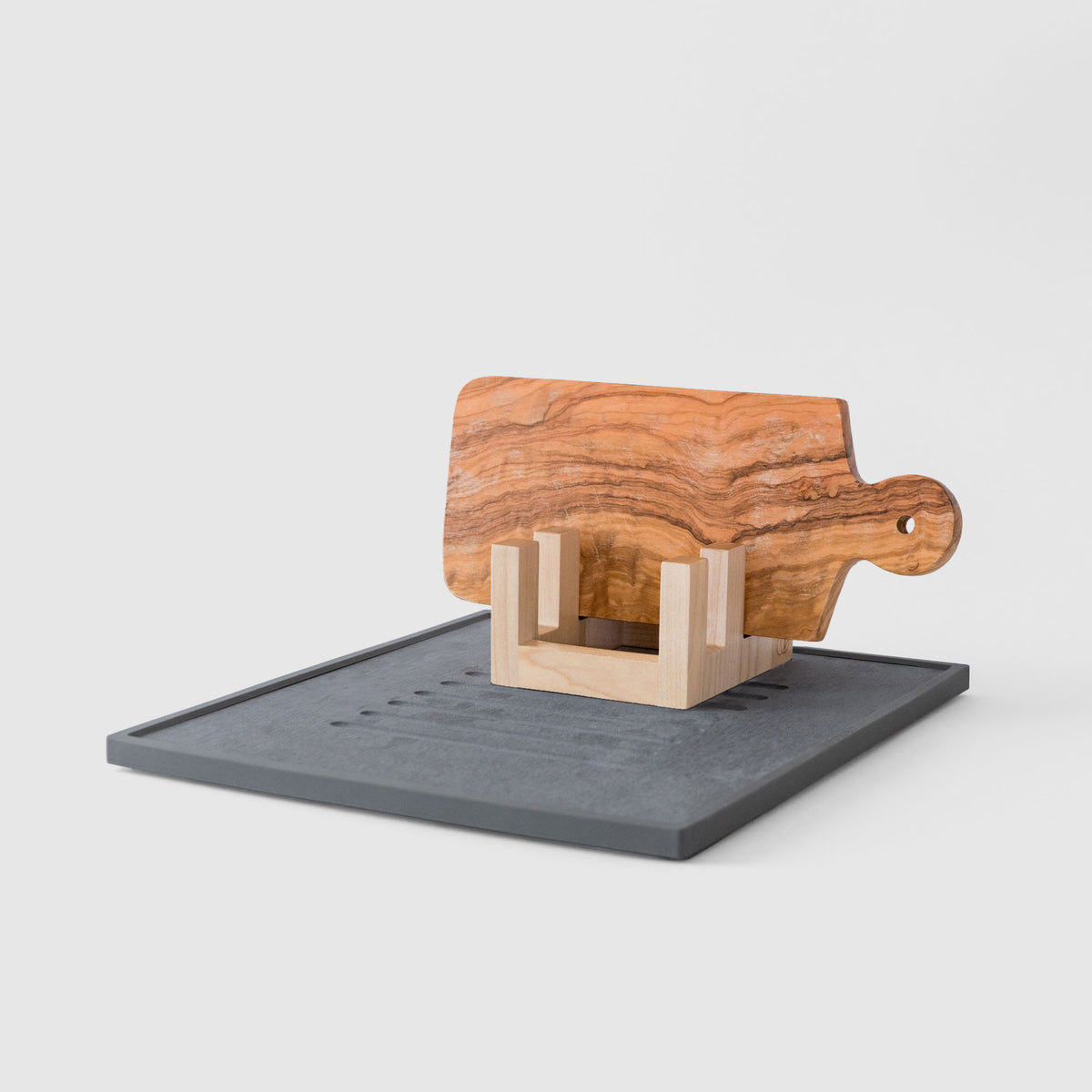 Maple Cutting Board Holder on Slate Dish Drying Stone on white background. 