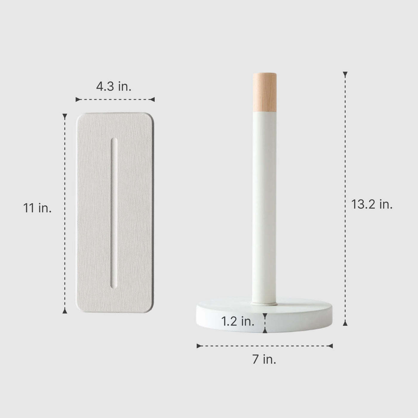 Measurement chart of a paper towel holder with dimensions labeled on a gray background
