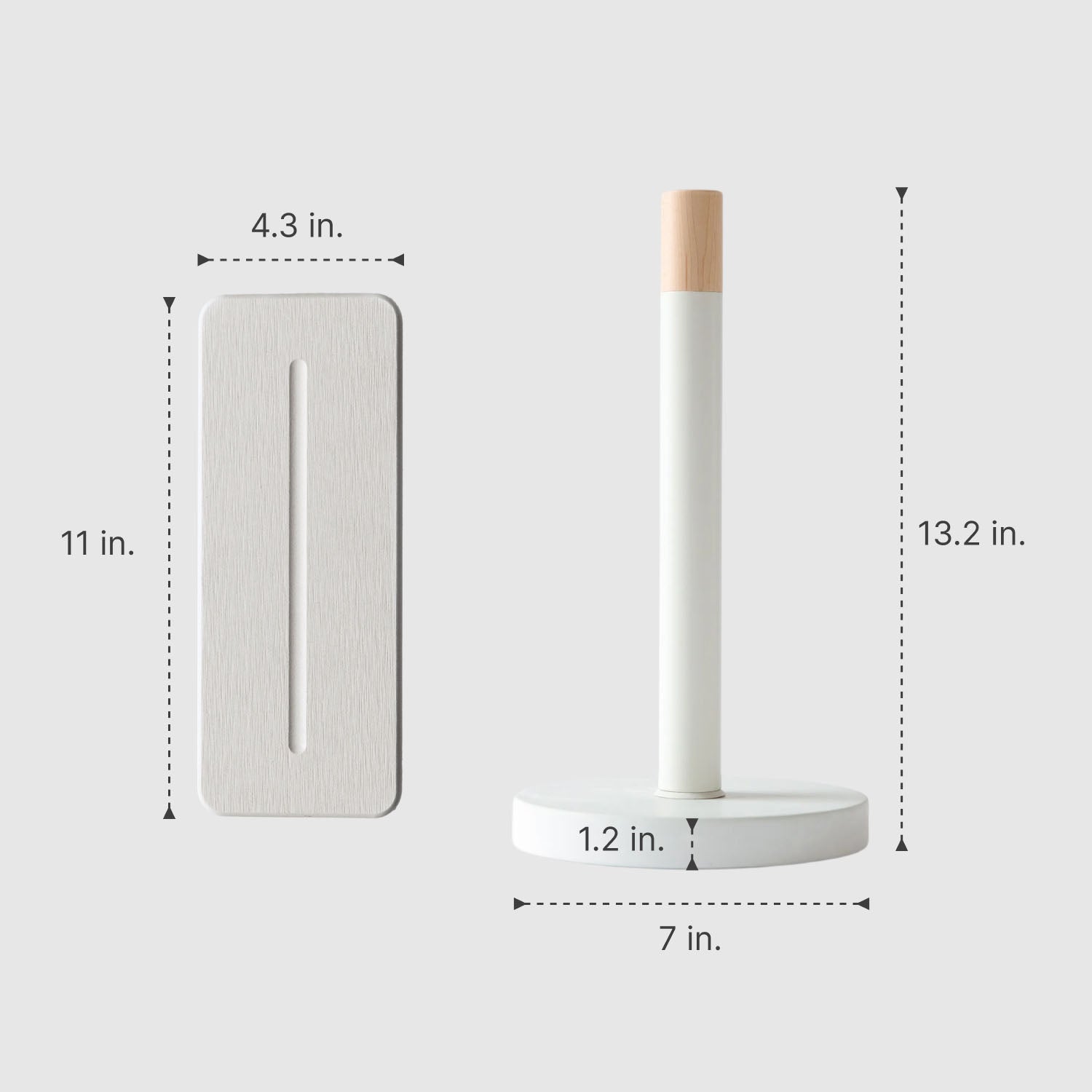 Measurement chart of a paper towel holder with dimensions labeled on a gray background