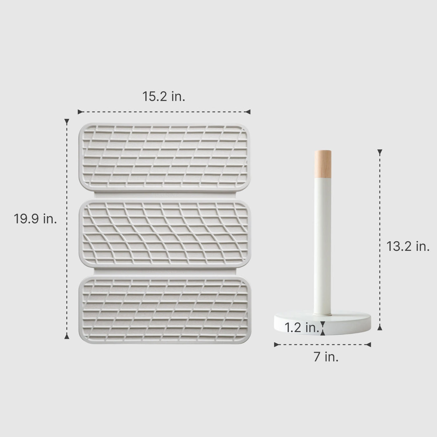 Measurement chart of a kitchen paper towel holder and dish mat