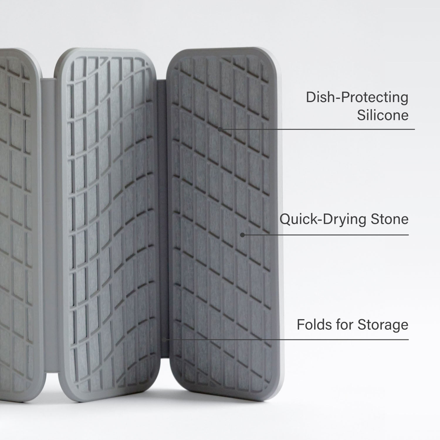 Gray dish-drying mat with text highlighting features on a white background