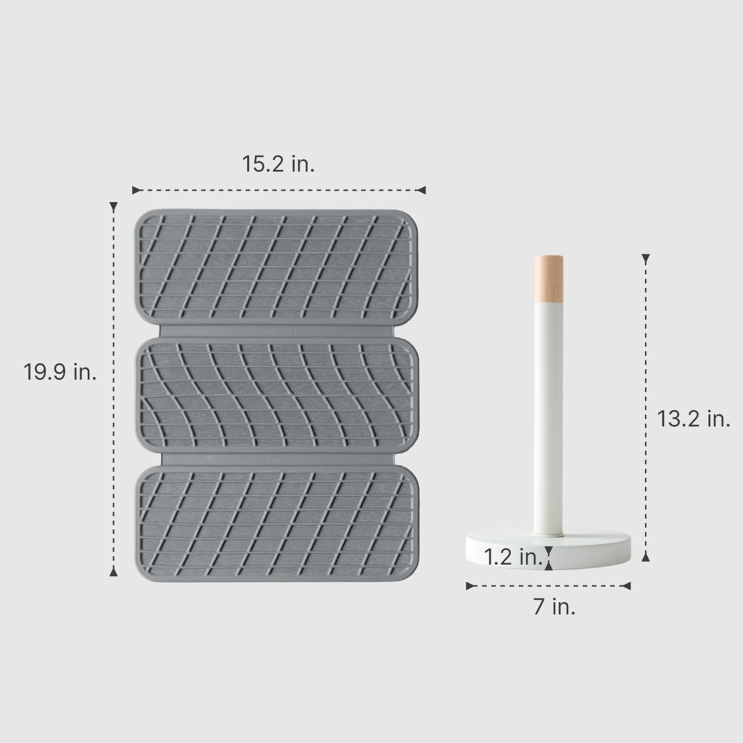 grey dish drying stone with paper towel holder showing their measurements 