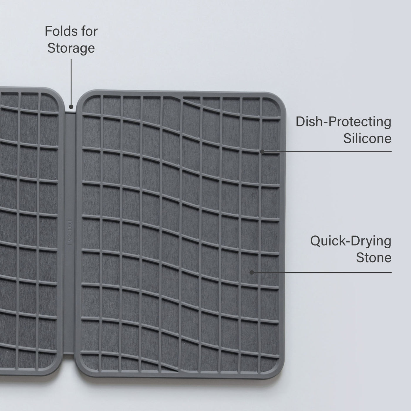 Gray silicone mat with labeled features on a light gray background