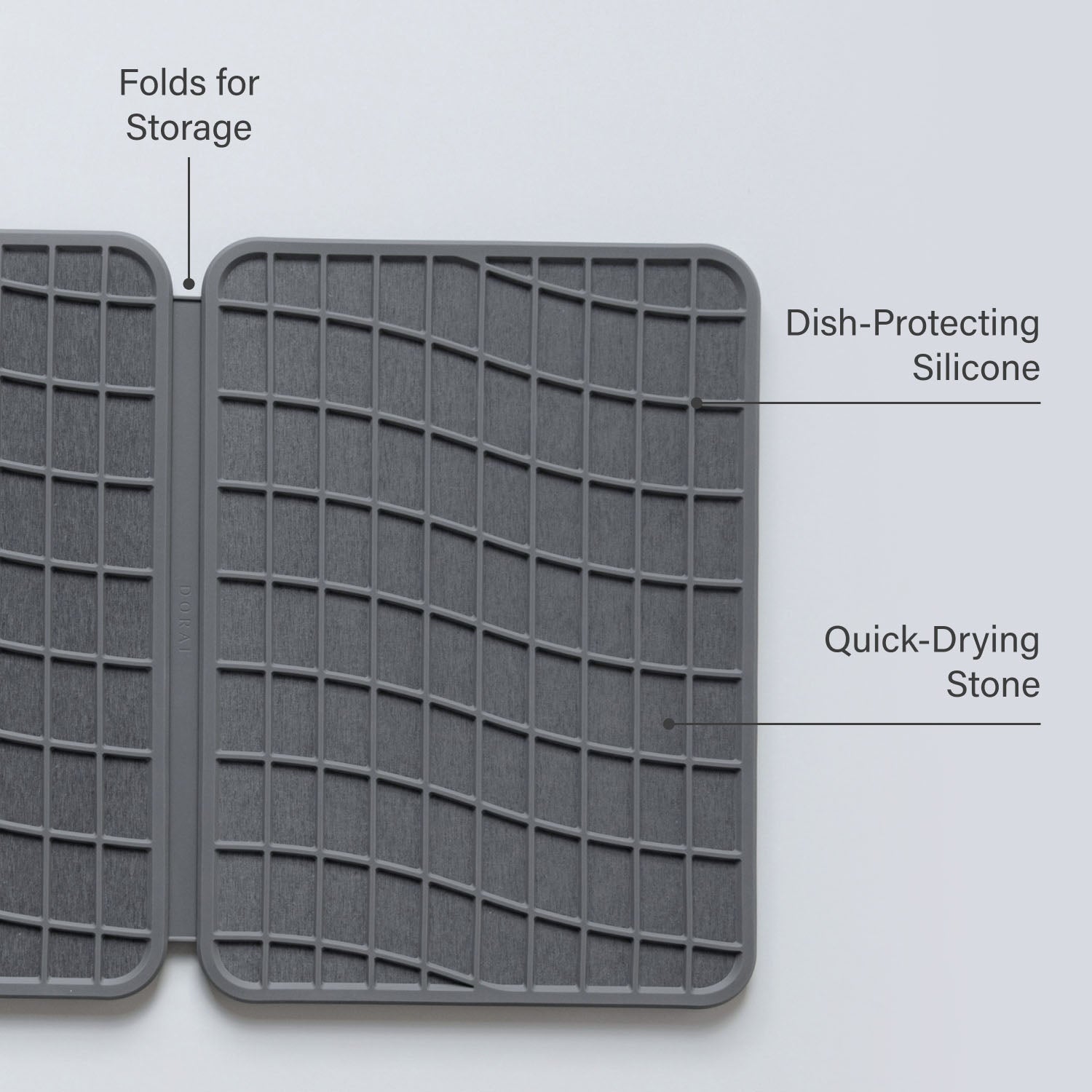 Gray silicone mat with labeled features on a light gray background