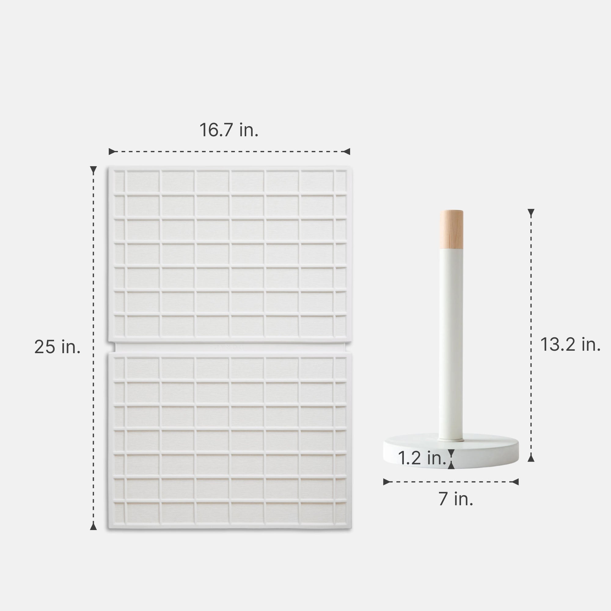Large Ridge Dish Pad in Glacier: 16.7in x 25in; and Glacier Paper Towel Holder: 13.2in x7in