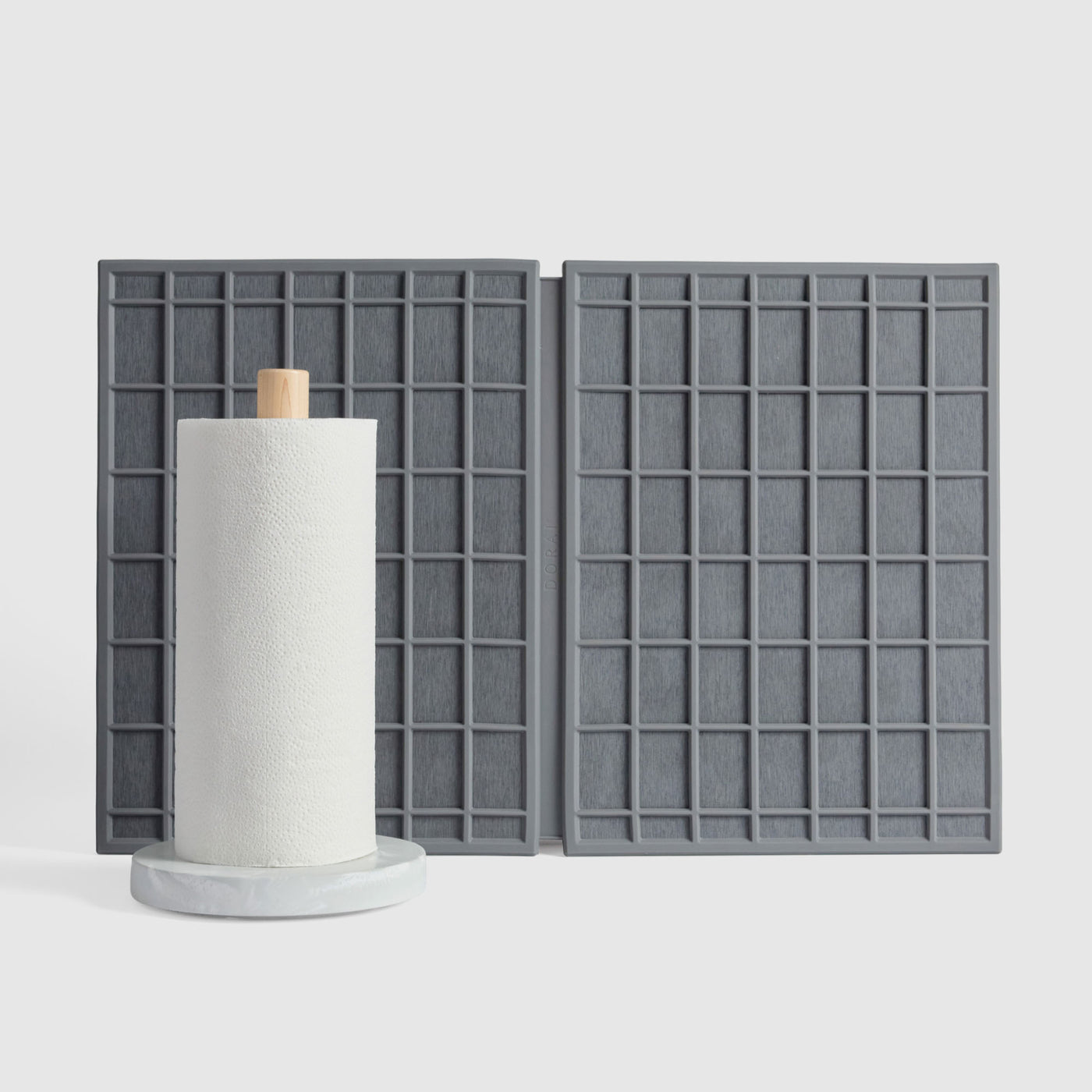 Large Ridge Dish Pad in Slate and Glacier Paper Towel Holder on white background.