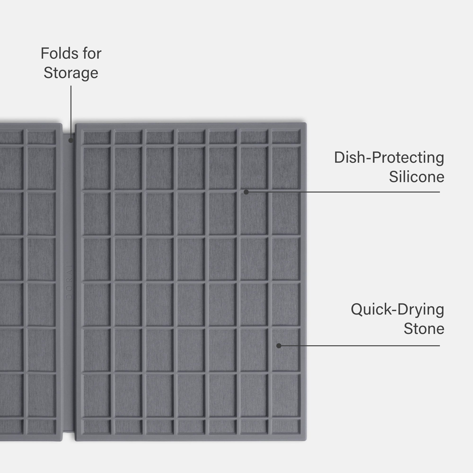 Large Ridge Dish Pad in Slate: Folds for Storage, Dish-Protecting Silicone, Quick-Drying Stone.