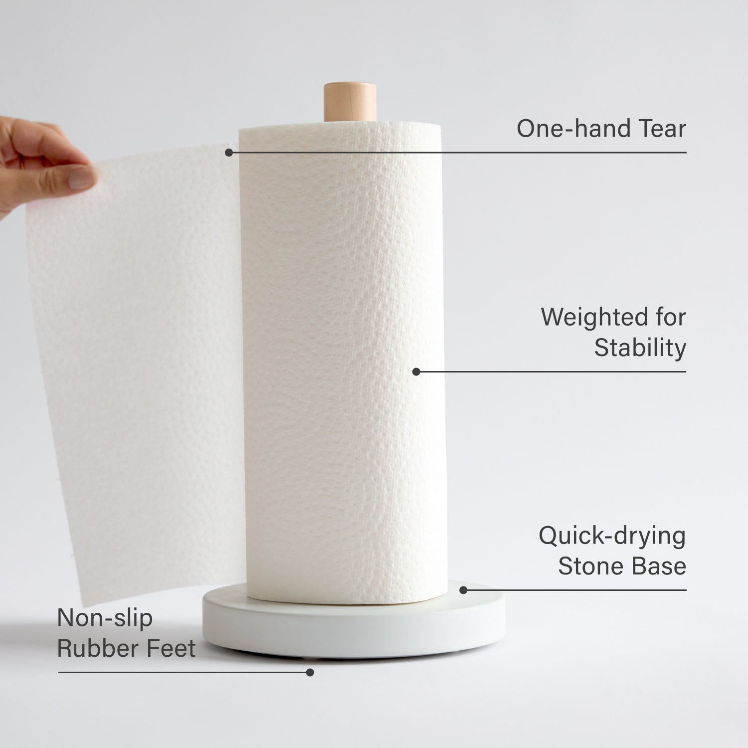 White paper towel holder with features labeled on a white background