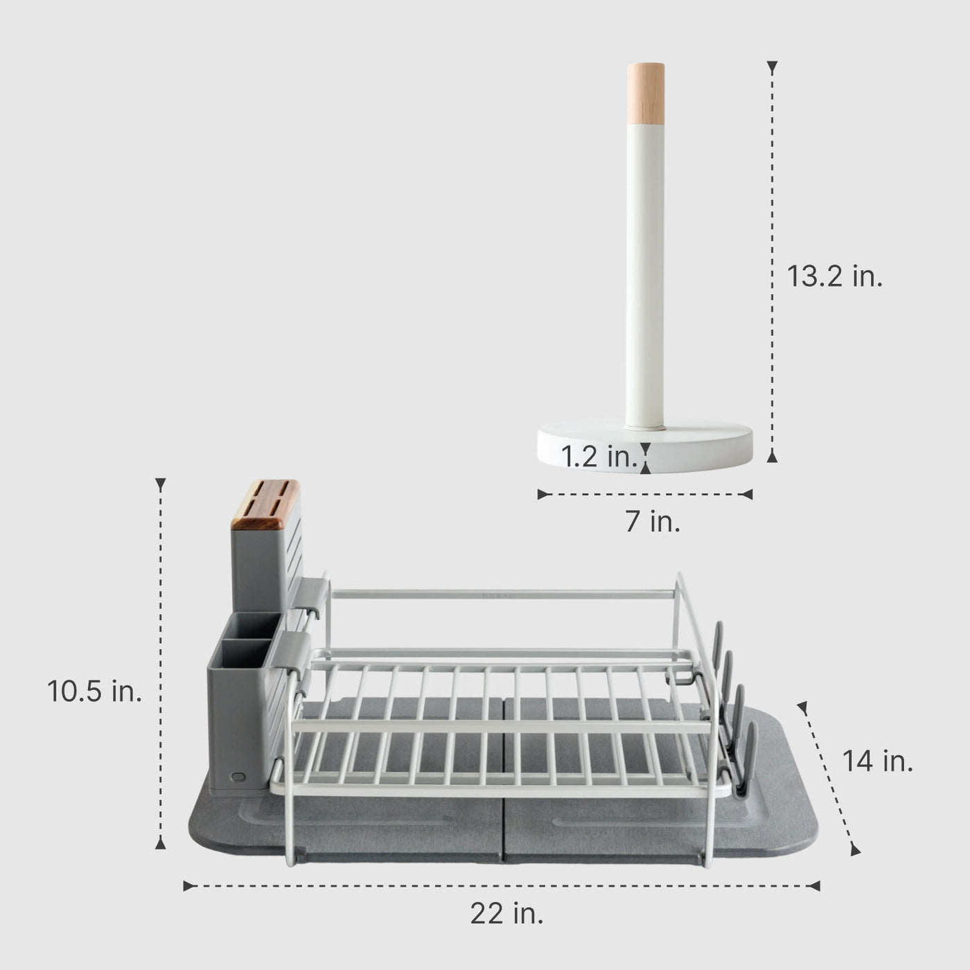 Dish drying rack with dimensions labeled on a white background