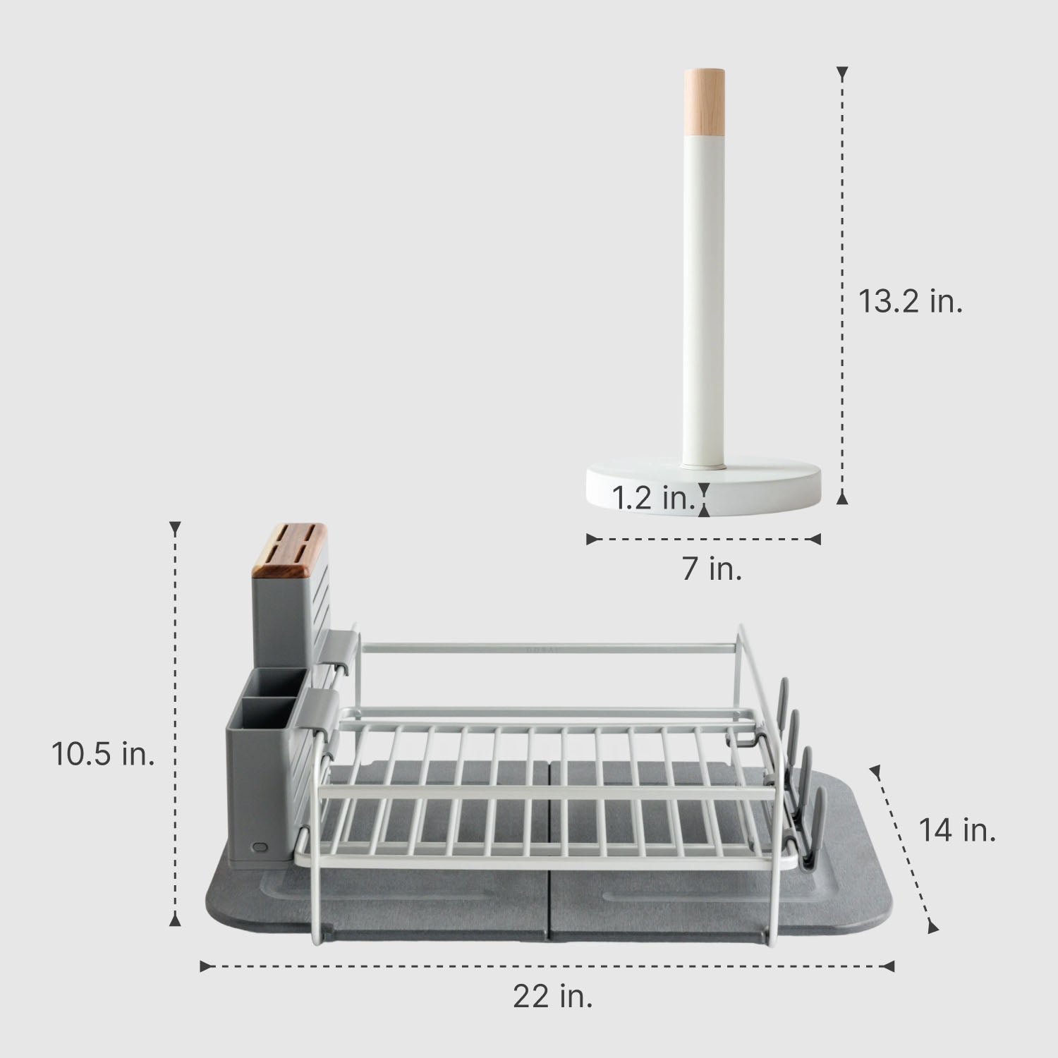 Dish drying rack with dimensions labeled on a white background