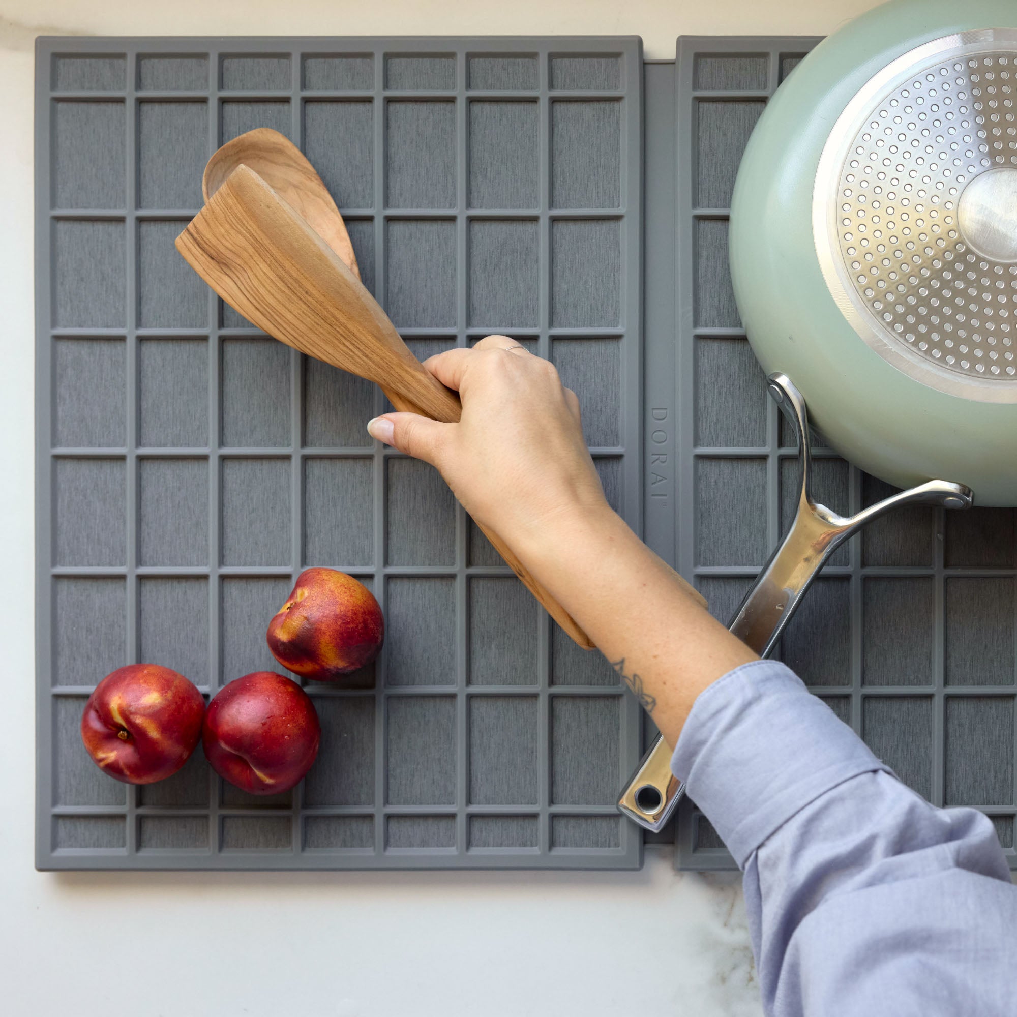 Slate Large Dish Pad - Ridge with plates and produce. 