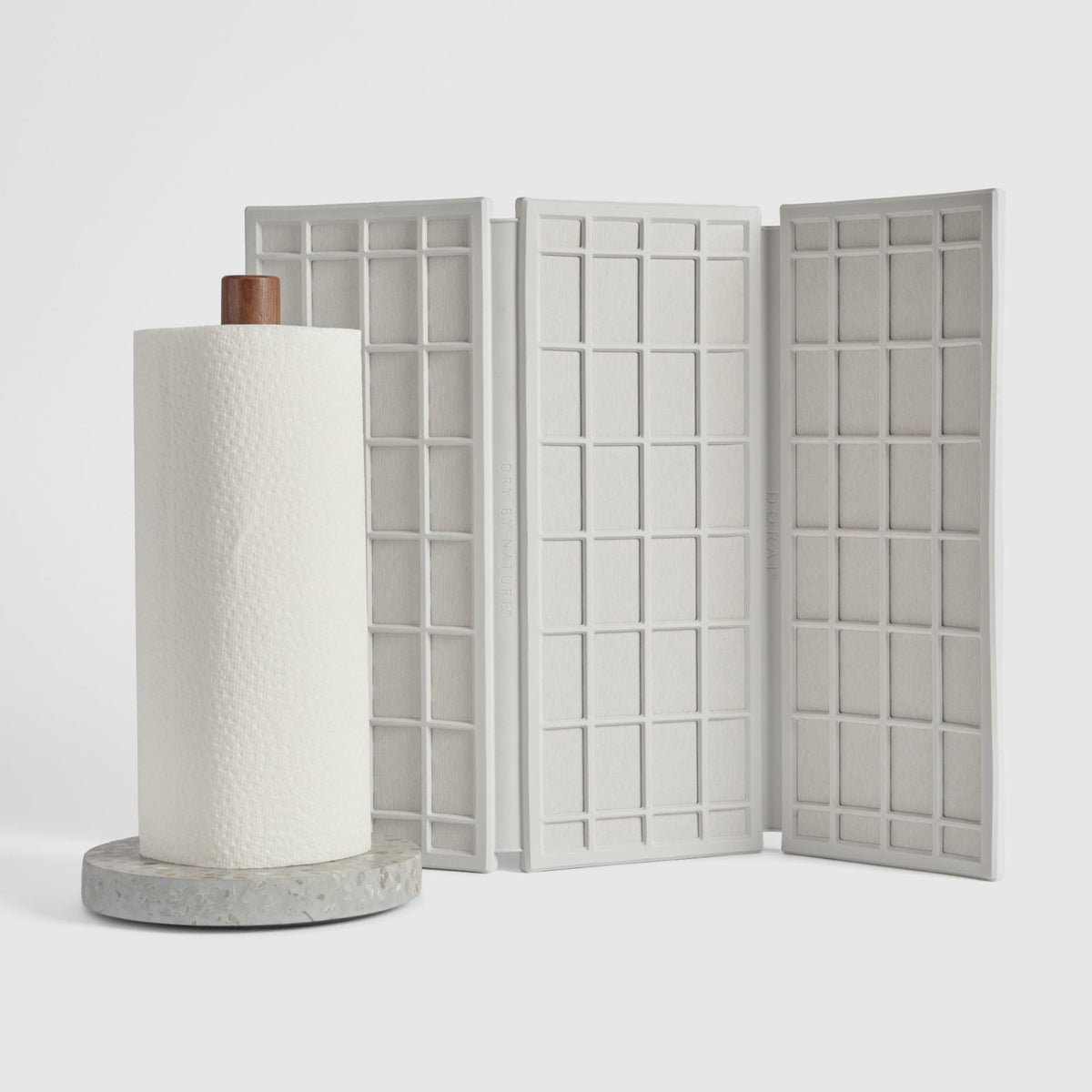 Basalt Paper Towel Holder and Glacier Ridge Dish Pad on white background. | New Collection Image