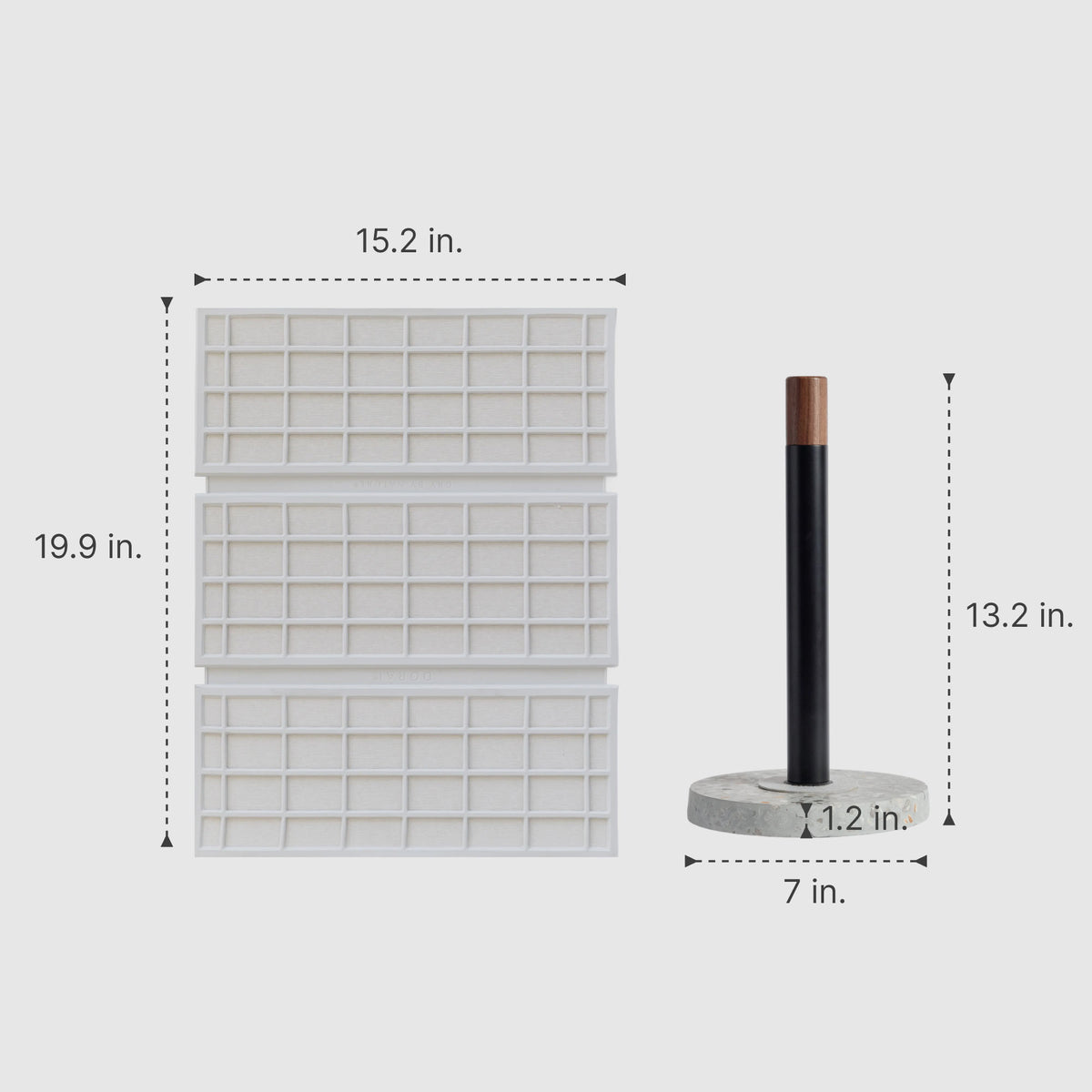Basalt Paper Towel Holder: 13.2" x 7" | Glacier Ridge Dish Pad: 15.2" x 19.9"