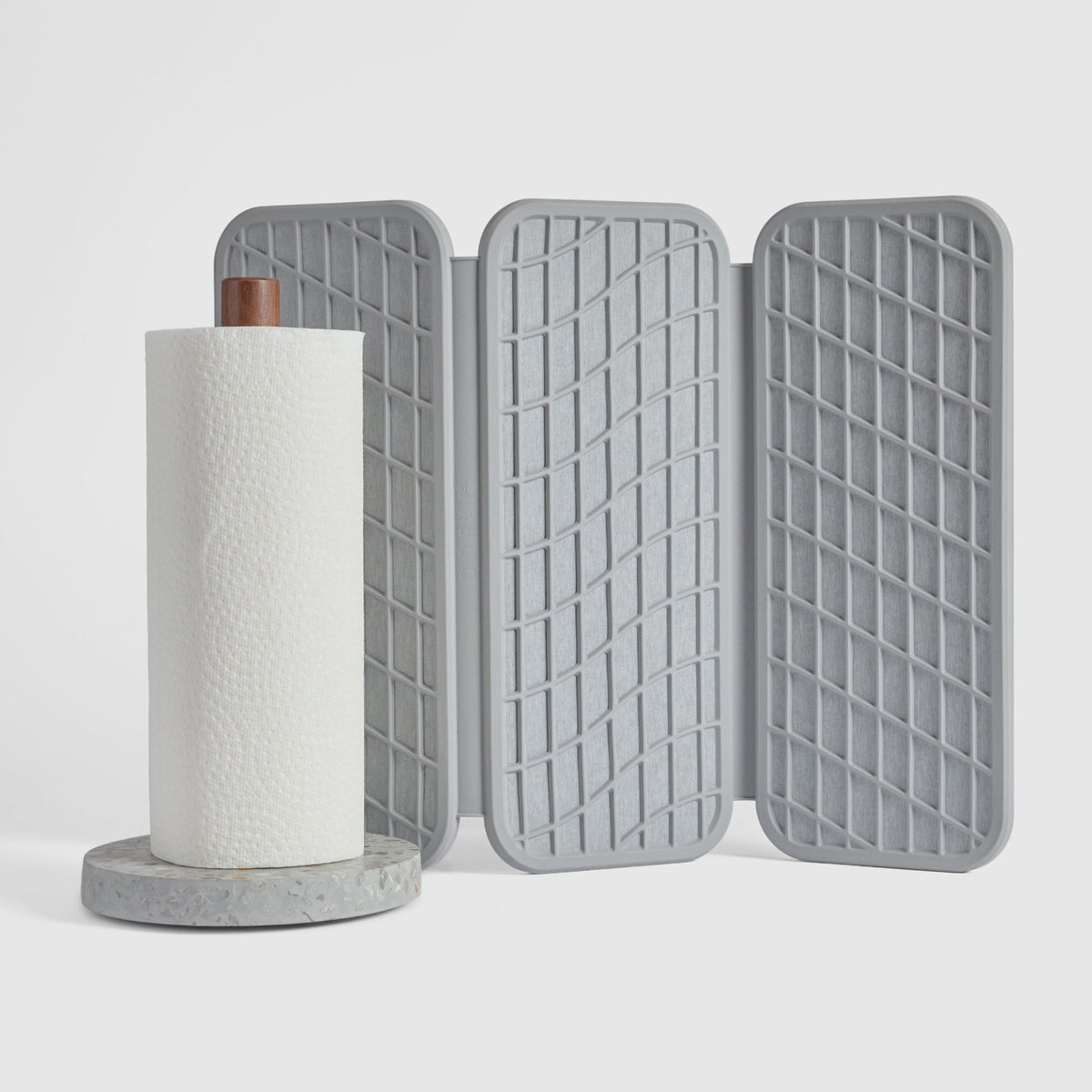Basalt Paper Towel Holder and Ash Drift Dish Pad on white background.