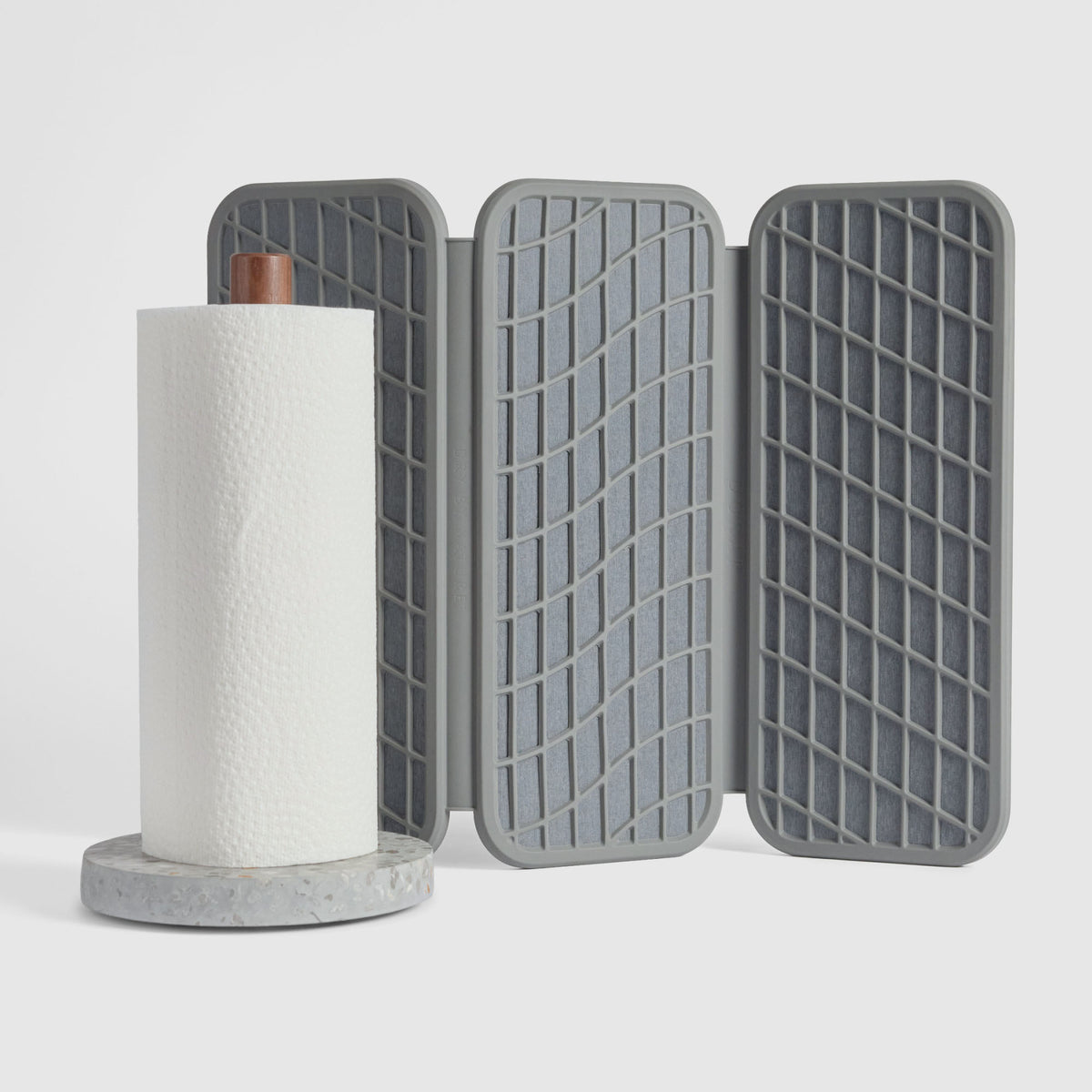Basalt Paper Towel Holder and Slate Drift Dish Pad on white background. | New Collection Image
