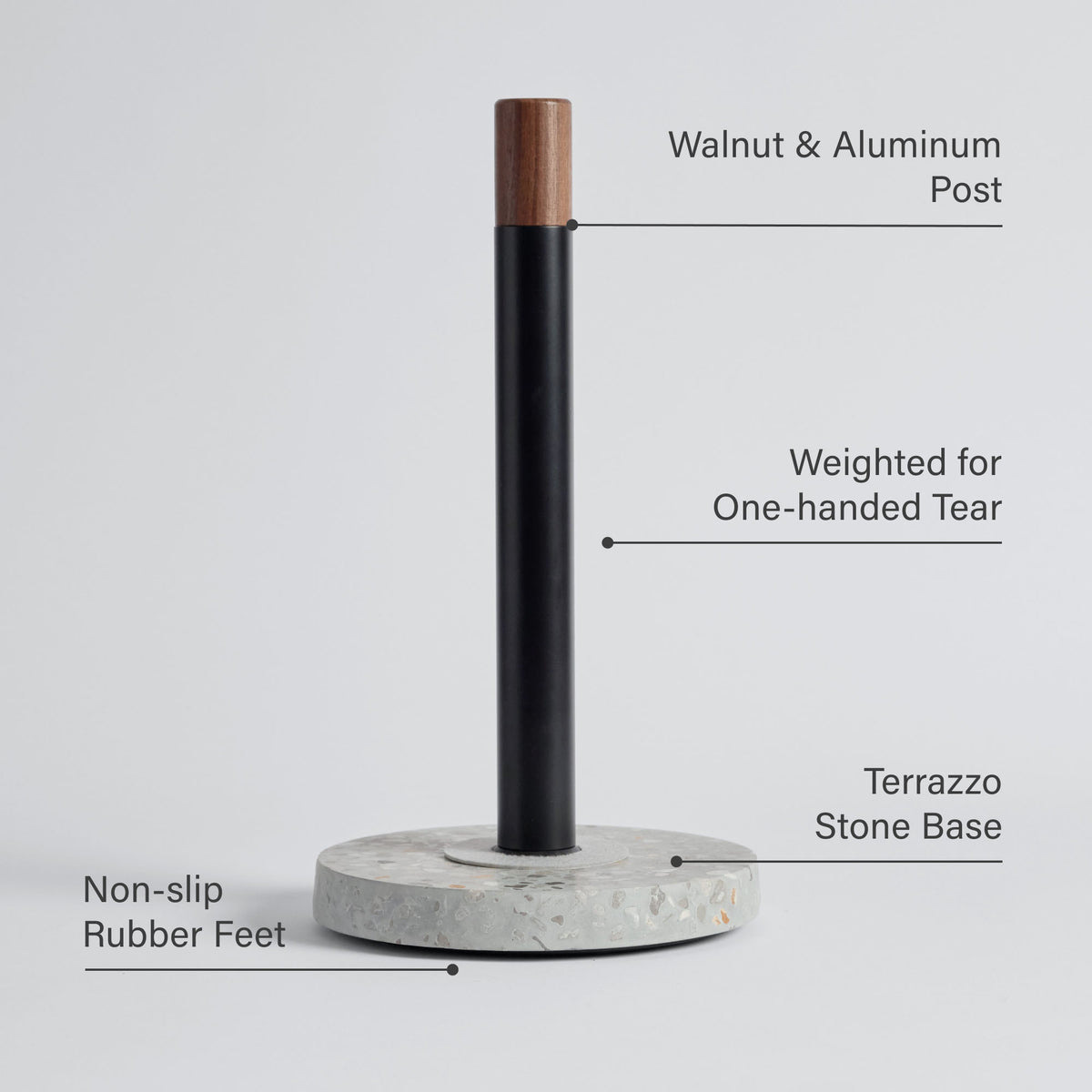 Basalt Paper Towel Holder: Walnut & Aluminum Post, Weighted for One-handed Tear, Terrazzo Stone Base, Non-slip Rubber Feet.
