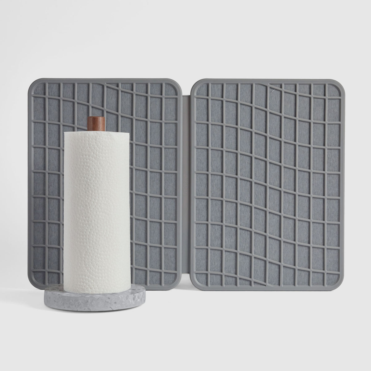 Basalt Paper Towel Holder and Slate Large Drift Dish Pad on white background.