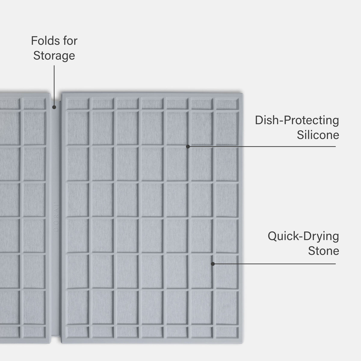 Ash Large Ridge Dish Pad: Dish-Protecting Silicone, Quick-Drying Stone, Folds for Storage.