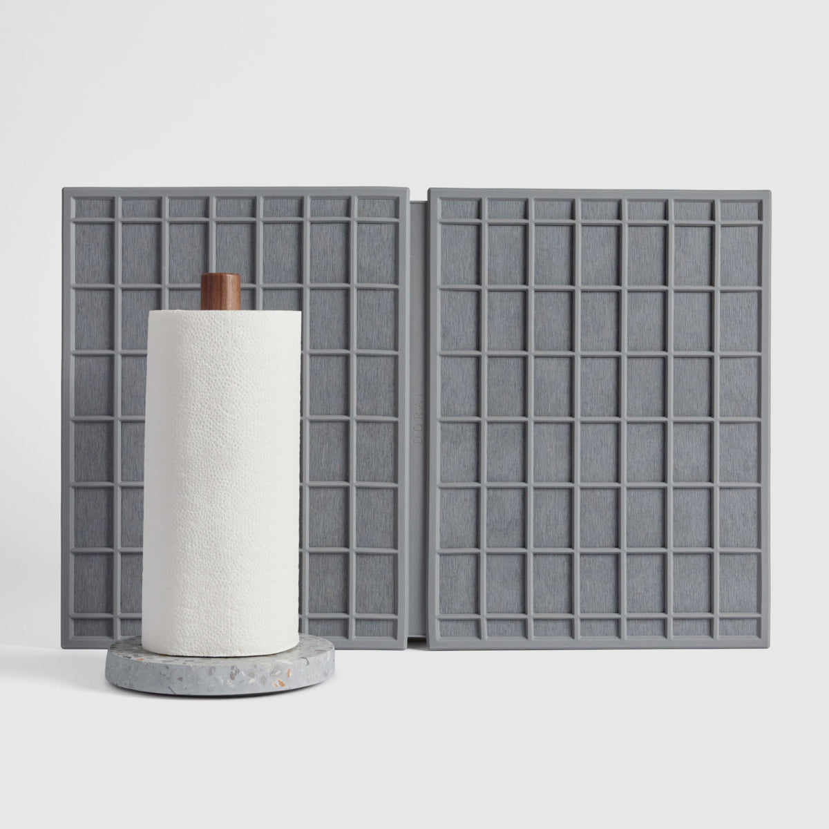 Basalt Paper Towel Holder and Slate Large Ridge Dish Pad on white background. | New Collection Image