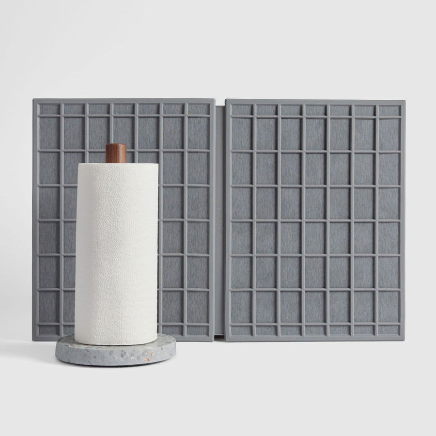 Basalt Paper Towel Holder and Slate Large Ridge Dish Pad on white background. | New Collection Image