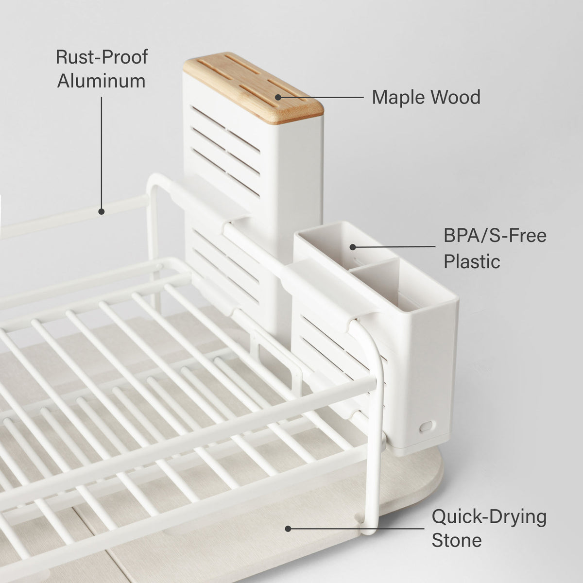 Glacier Dish Rack: Rust-Proof Aluminum, Maple Wood, BPA/S Free Plastic, Quick-Drying Stone.