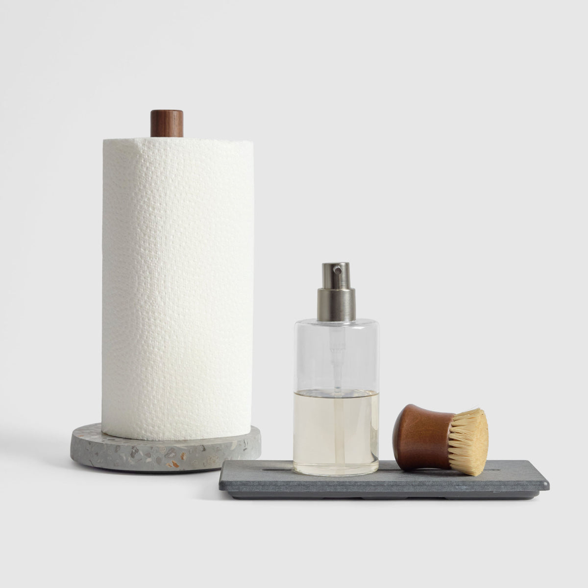 Basalt Paper Towel Holder and Slate Stone Sink Caddy on white background.