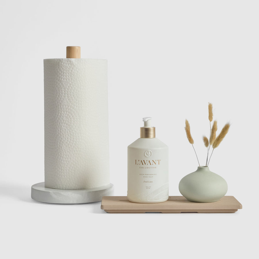 Clay Stone Sink Caddy and Glacier Paper Towel Holder Bundle on white background. | Pre-Order Clay