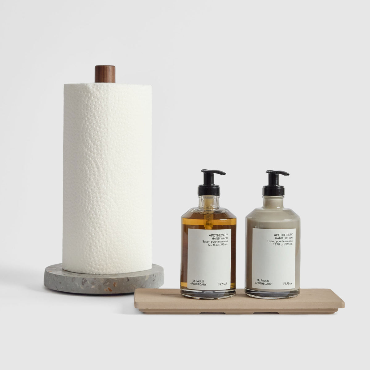 Basalt Paper Towel Holder and Clay Stone Sink Caddy on white background. | New Collection Image