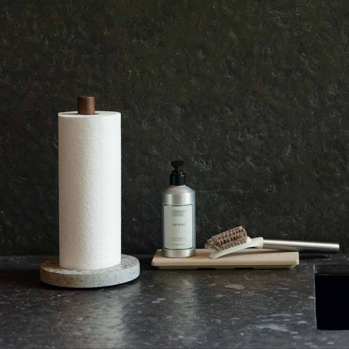 Basalt Paper Towel Holder and Clay Stone Sink Caddy in a beautiful kitchen. 
