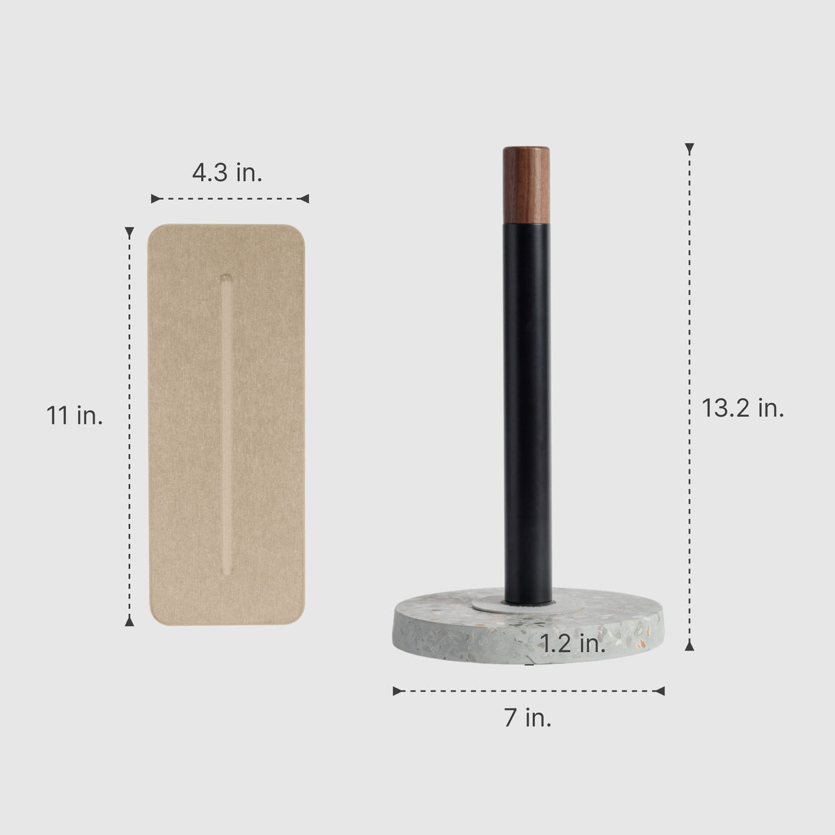 Basalt Paper Towel Holder: 13.2" x 7" | Clay Stone Sink Caddy: 4.3" x 11"