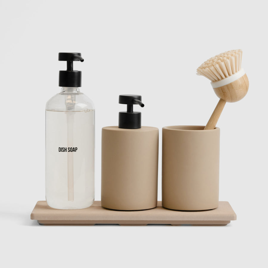 Modern Stone Sink Set in Taupe and Clay with dish soap and dish brush. 