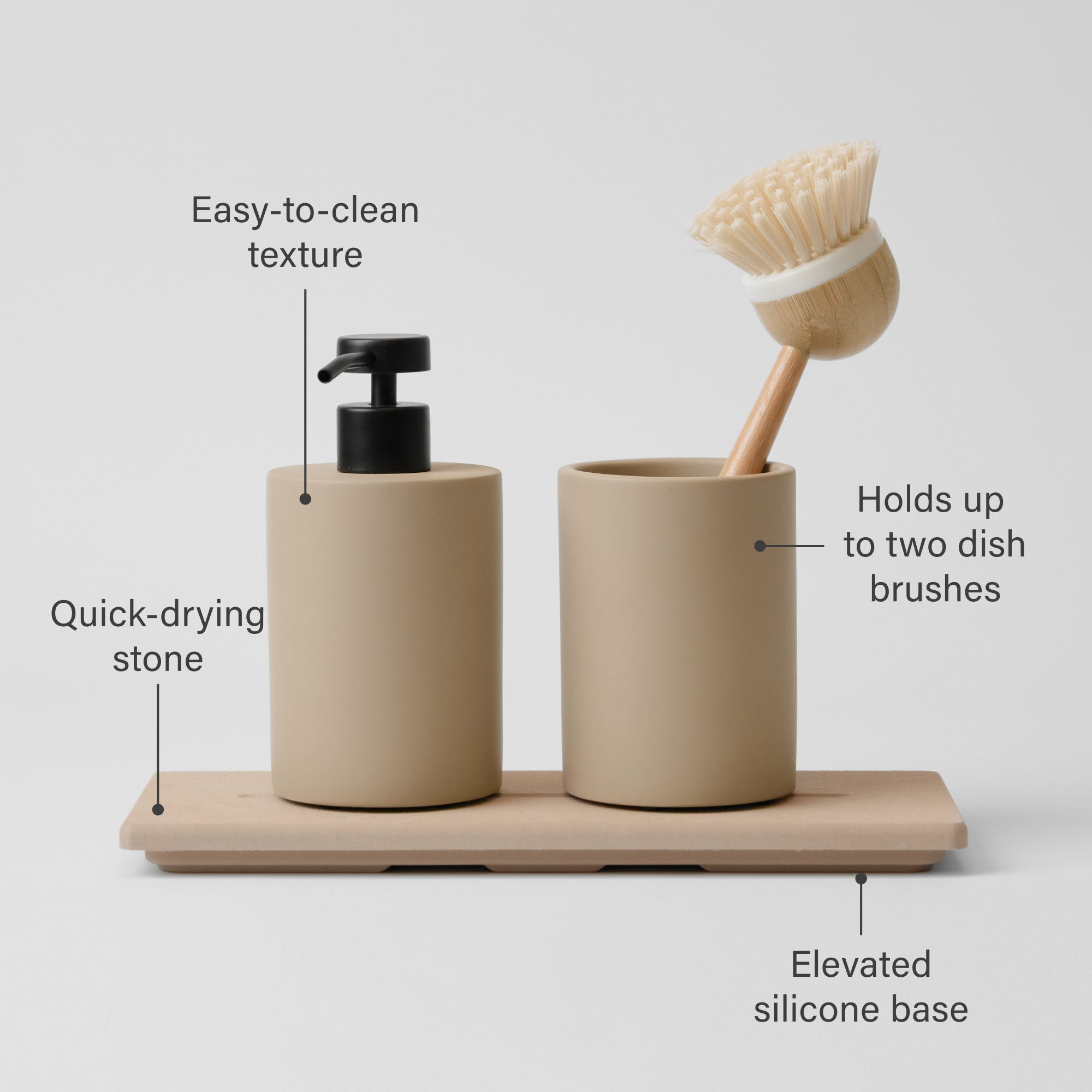 Modern Stone Sink Set in Taupe and Clay: Easy-to-clean texture, Holds up to two dish brushes, quick-drying stone, elevated silicone base. 