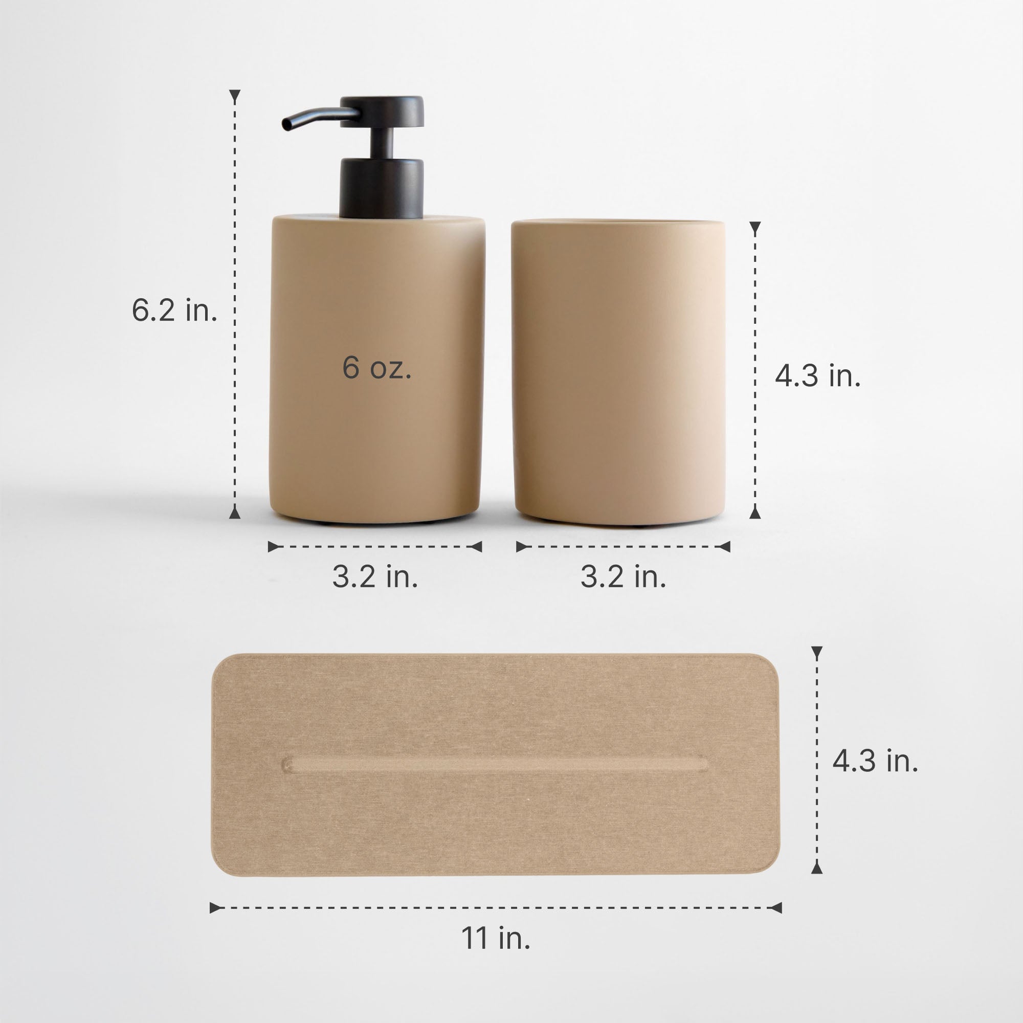 Taupe Concrete Soap Dispenser and Brush Holder: 6.2in x 3.2in & 4.3in x 3.2in; Clay Stone Sink Caddy: 11in x 4.3in