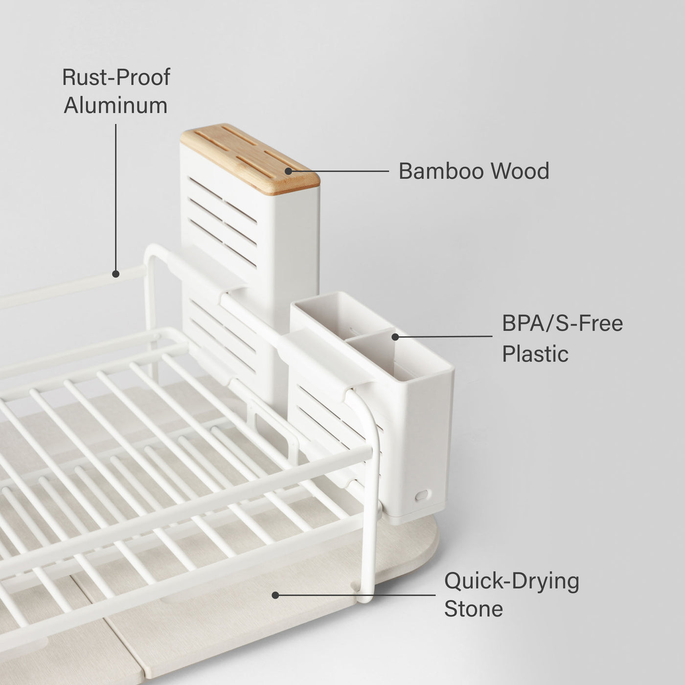Glacier Dish Rack featuring rust-proof aluminum, bamboo wood, BPA-free plastic, and quick-drying stone. 