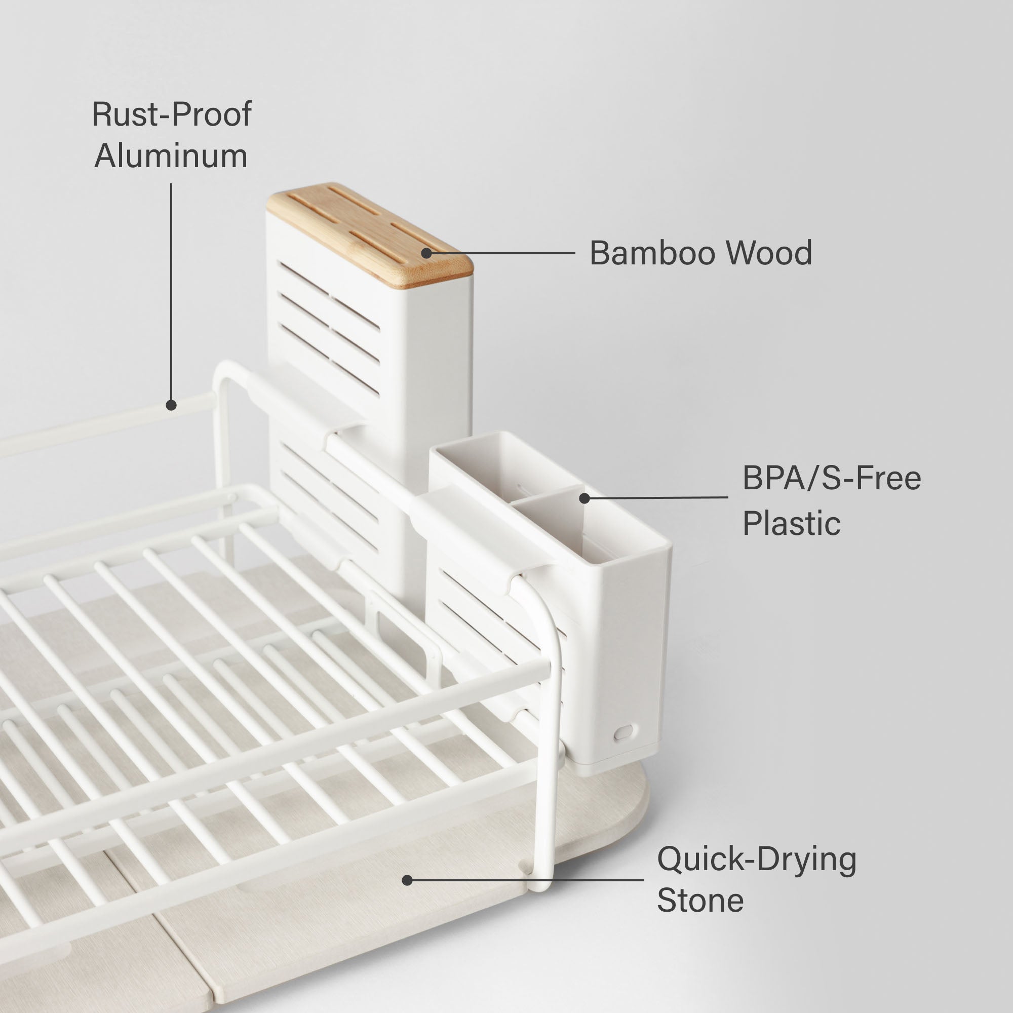 Glacier Dish Rack featuring rust-proof aluminum, bamboo wood, BPA-free plastic, and quick-drying stone. 