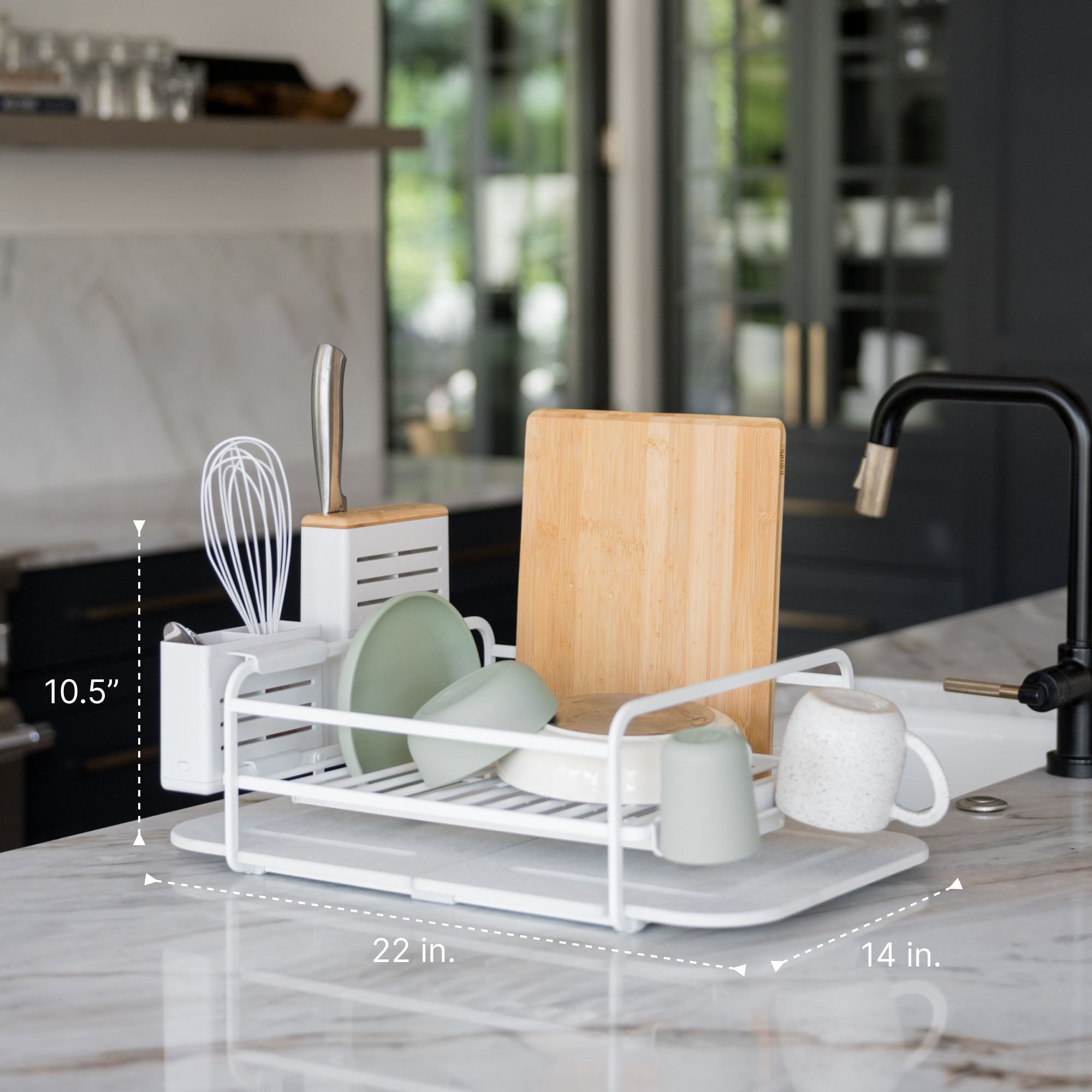 Dimensions of Glacier dish rack in modern kitchen: 10.5x22x14 inches.
