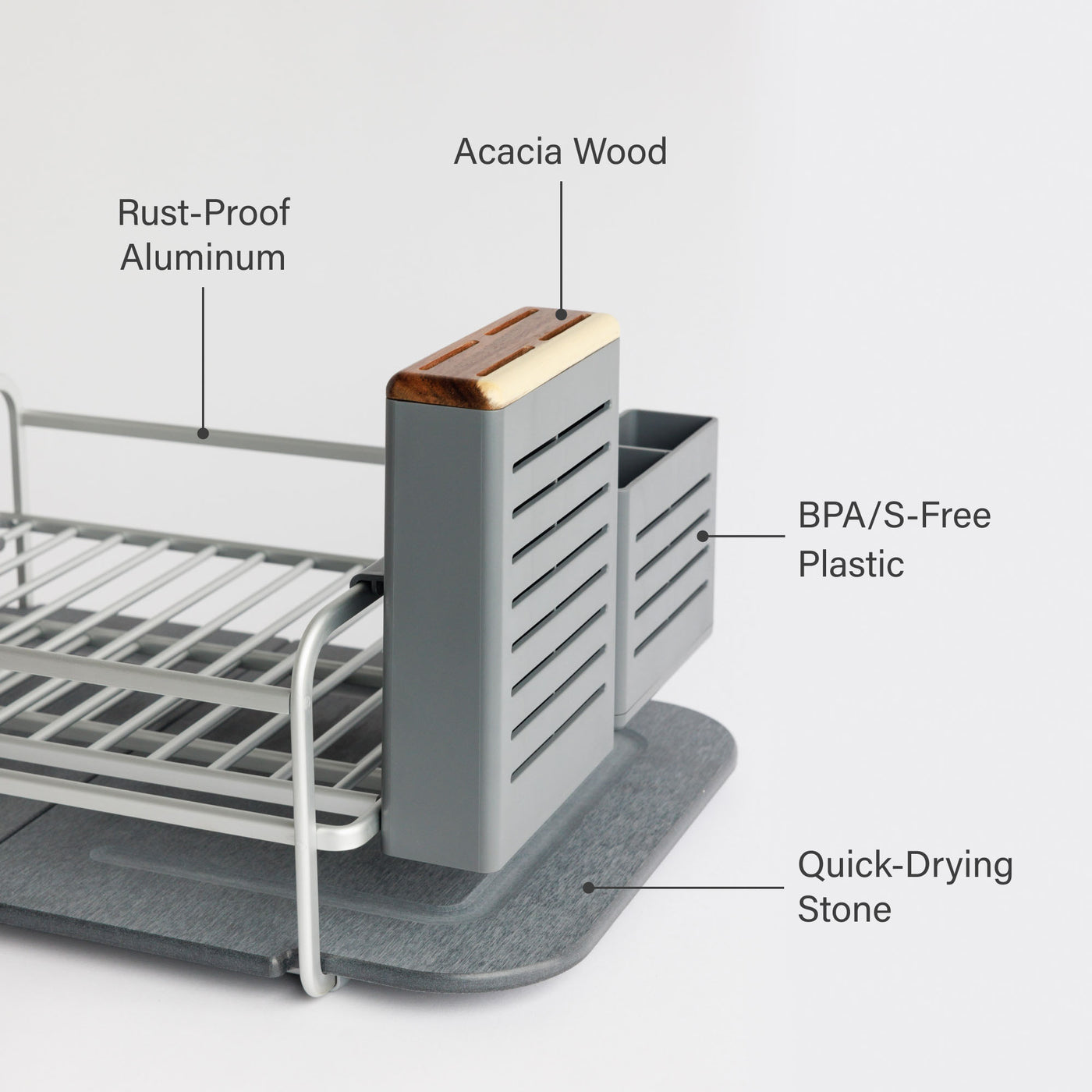 Modern slate dish rack with rust-proof aluminum, acacia wood, BPA-free plastic, and quick-drying stone.