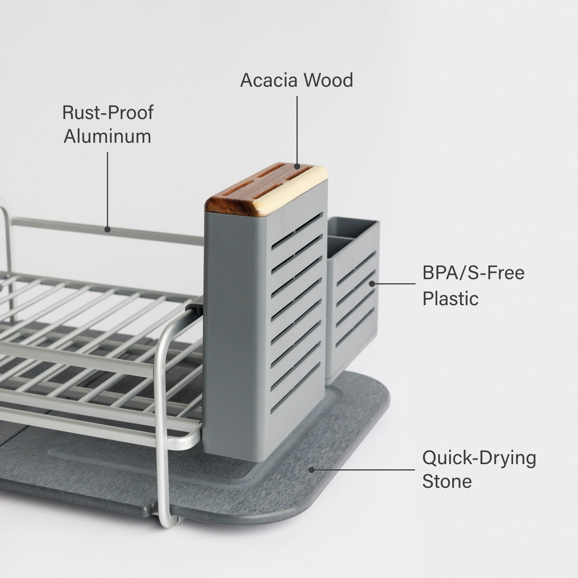 Modern slate dish rack with rust-proof aluminum, acacia wood, BPA-free plastic, and quick-drying stone.