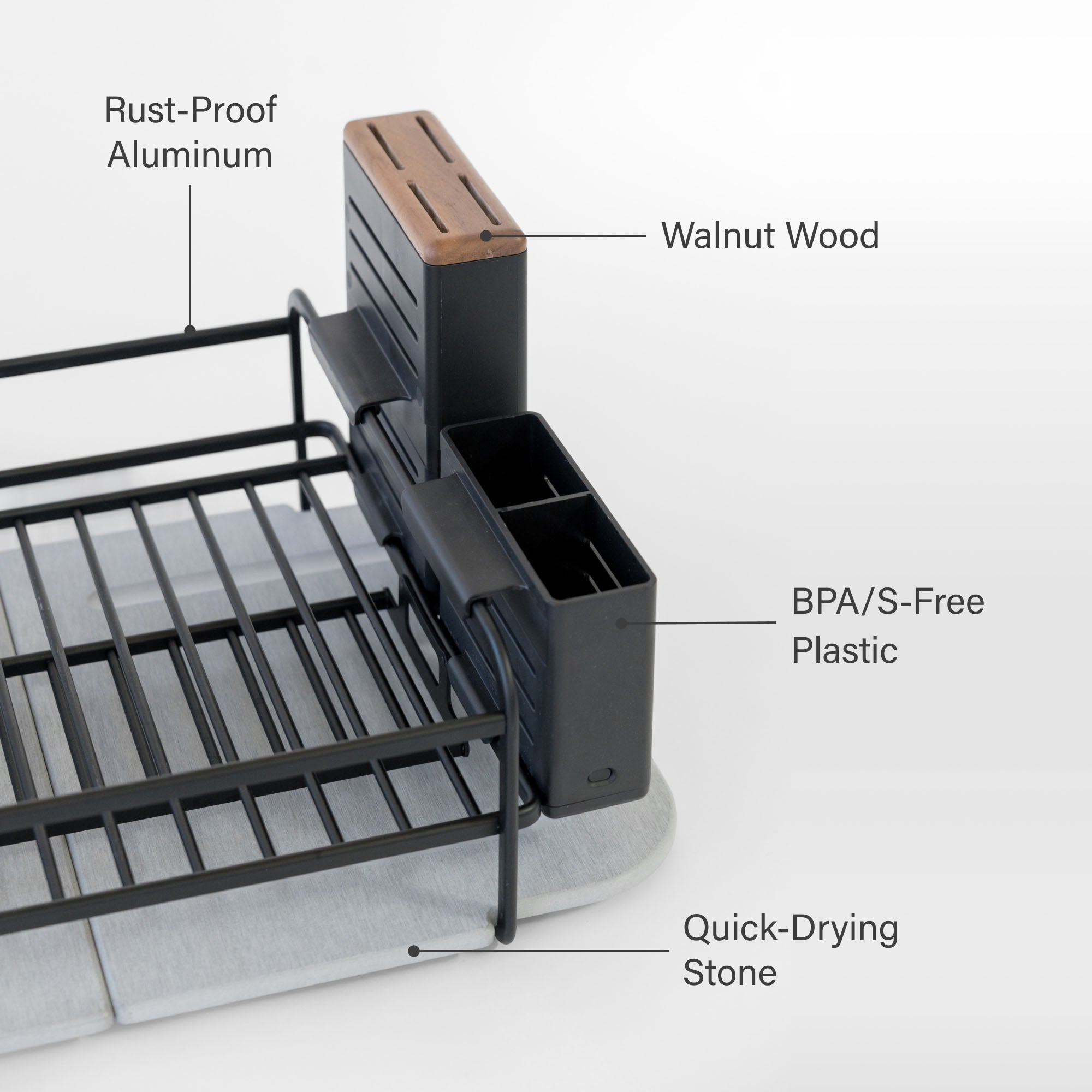 Modern basalt Dish Rack with rust-proof aluminum, walnut wood, BPA-free plastic, and quick-drying stone. 
