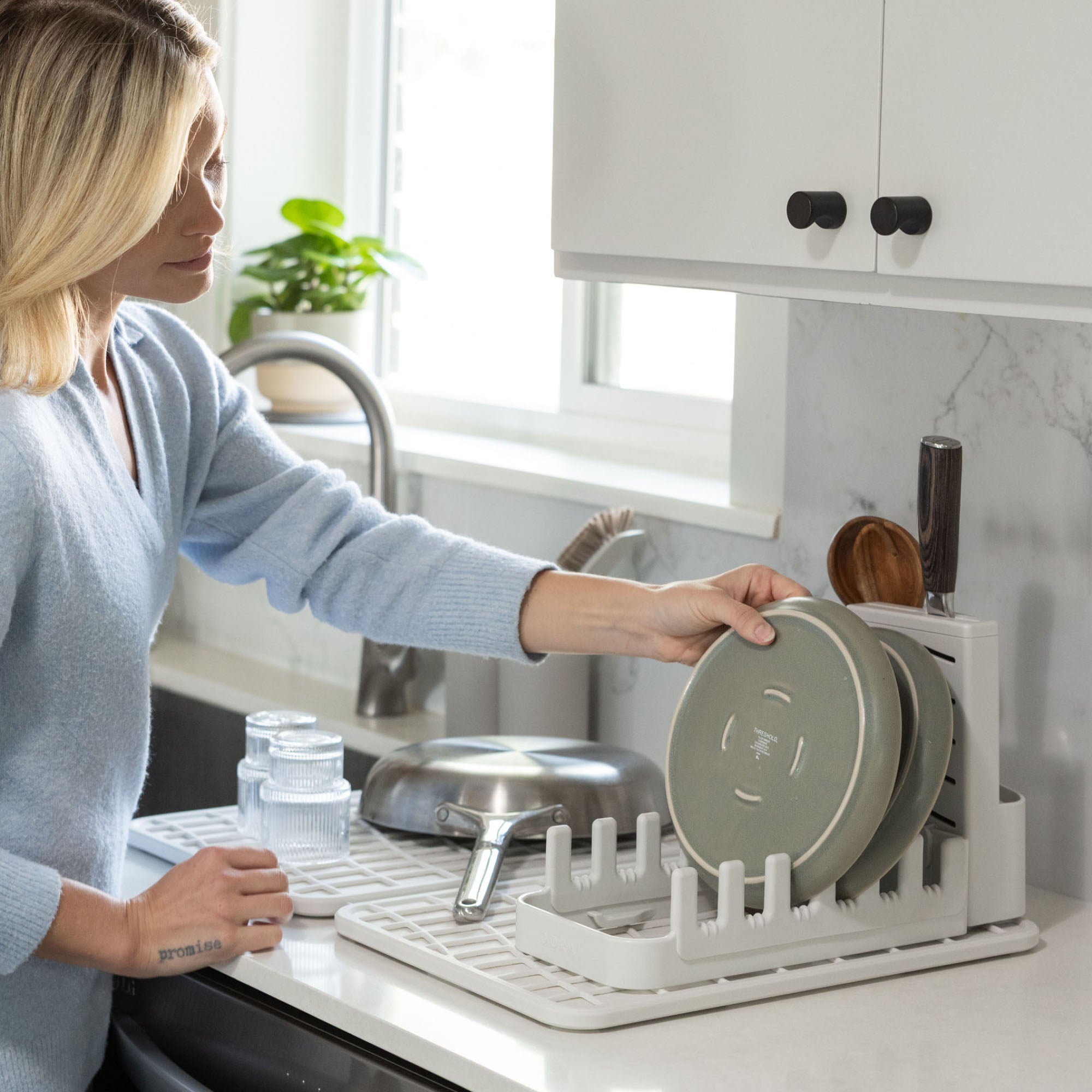 Glacier Dish Pad Rack with dish organization in modern kitchen.