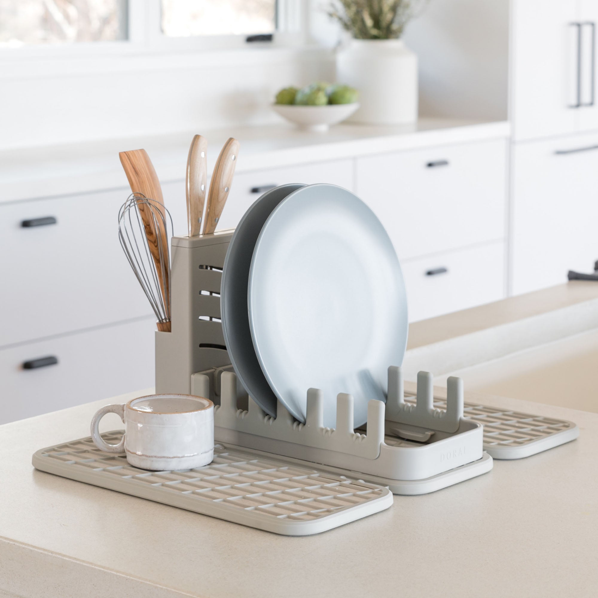 Sandstone Dish Rack on Dish Pad with plates, utensils, and more organization.