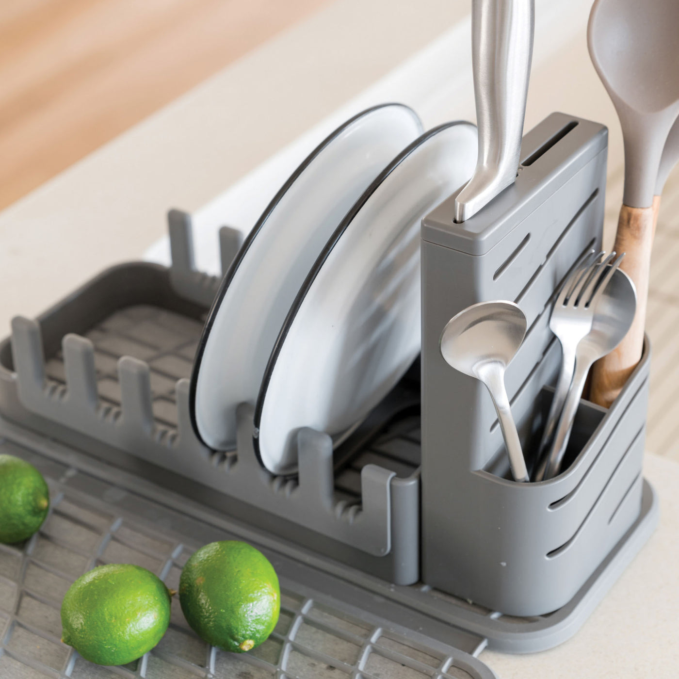 Slate Dish Pad Rack with dishes stacking.