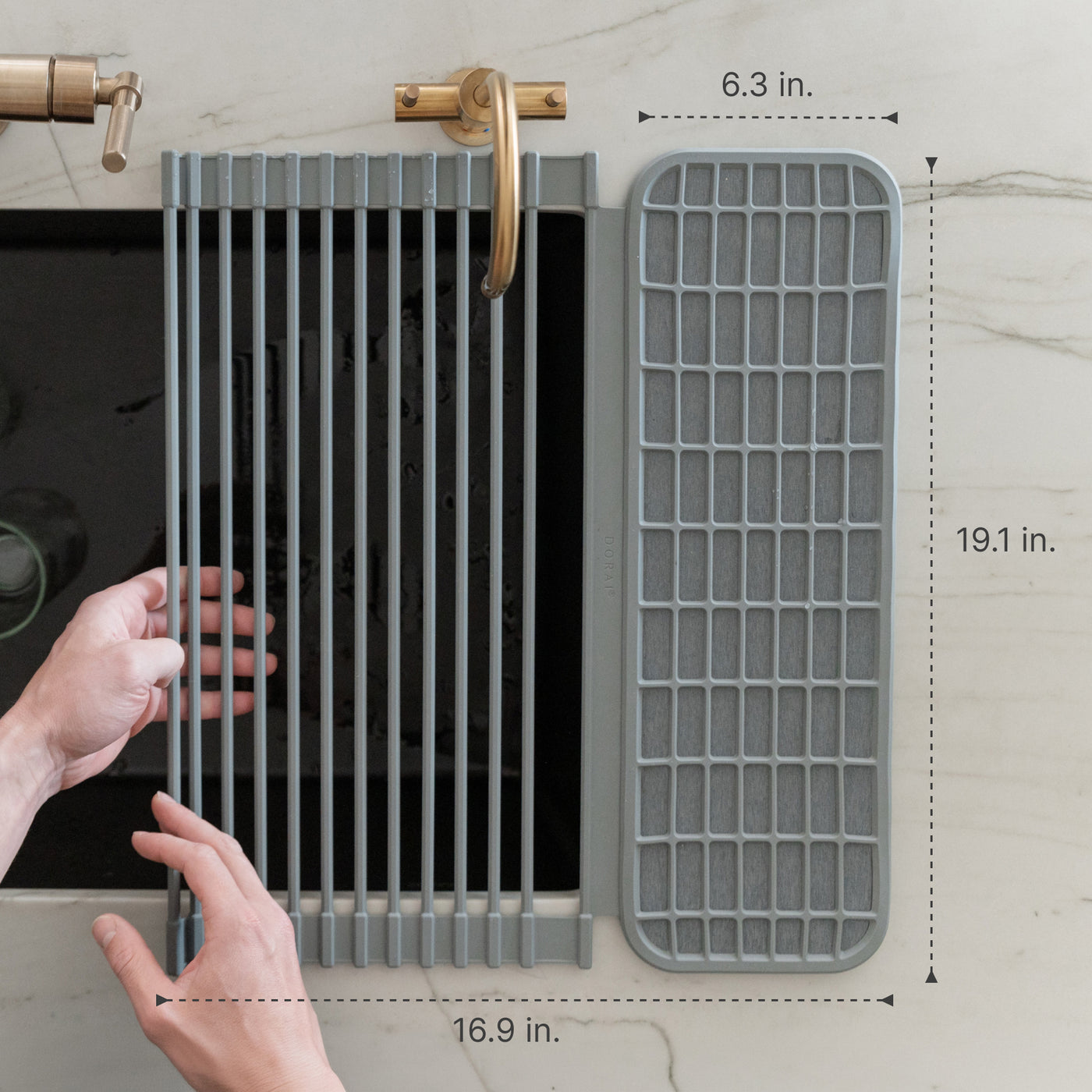 Over the sink dish pad over a sink with measurements overlaid