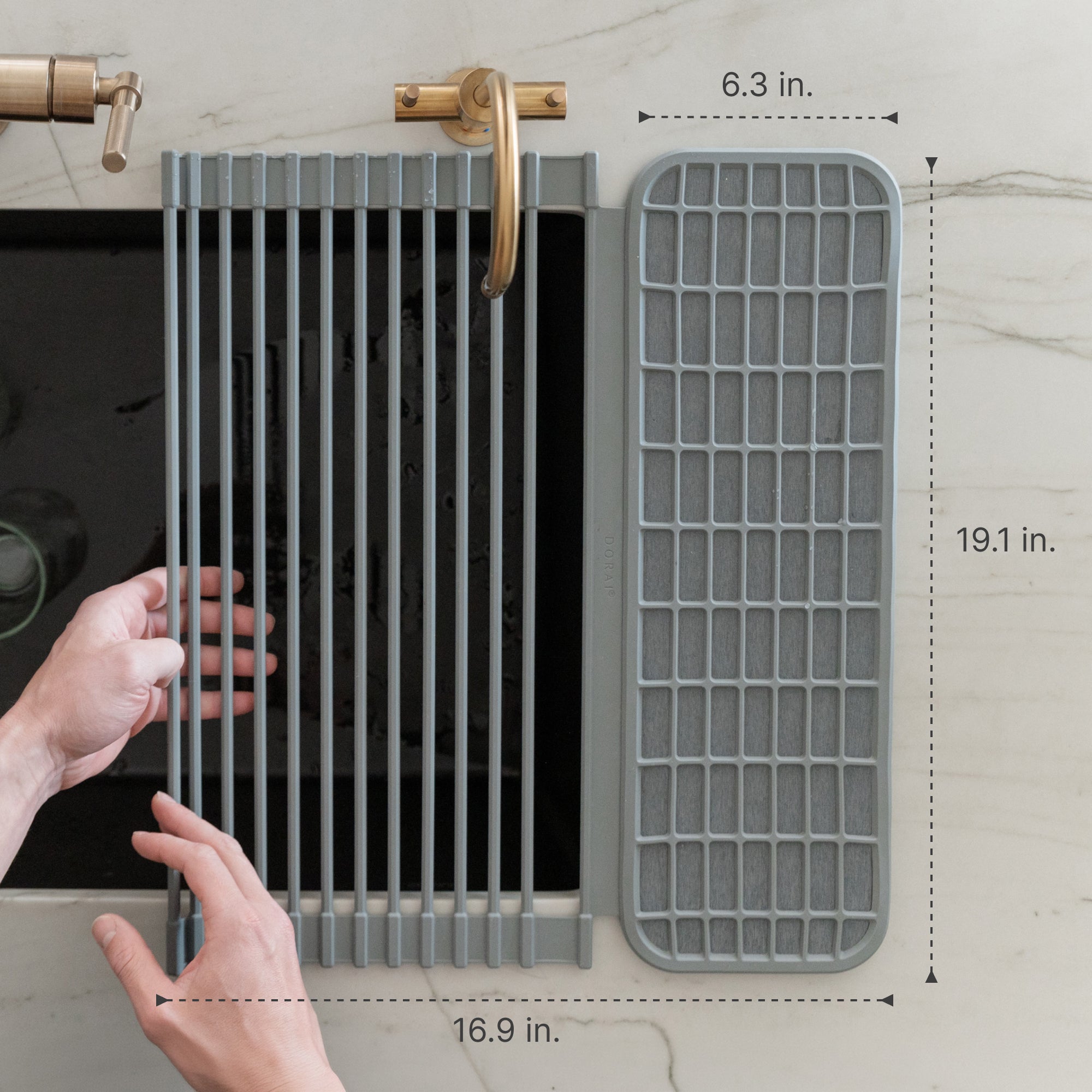 Over the sink dish pad over a sink with measurements overlaid